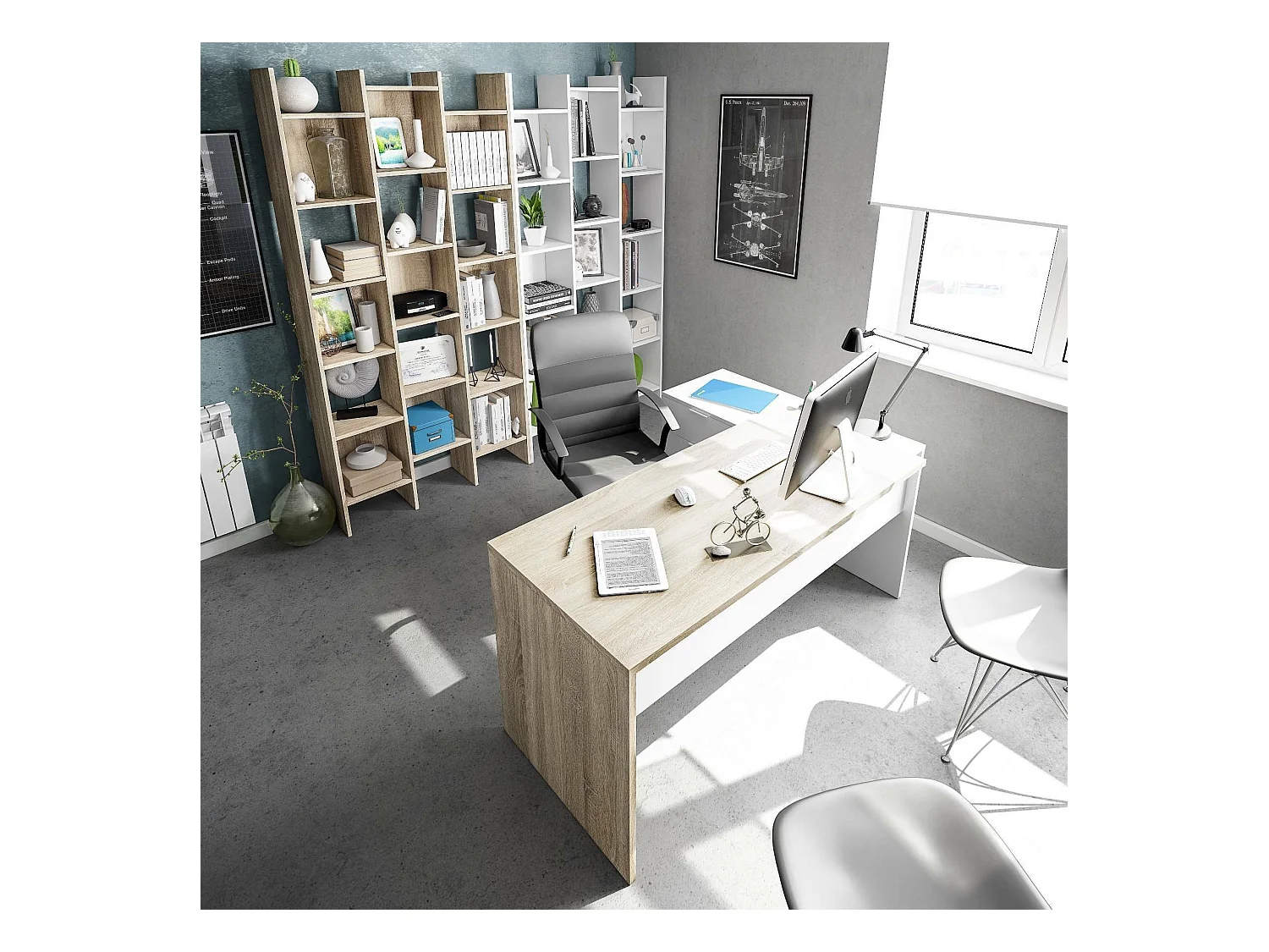 Greensboro Bureau, multifunctioneel omkeerbaar bureau met laden, hoek-pc-studeer- of kantoortafel, 145x108h73 cm, eiken en wit