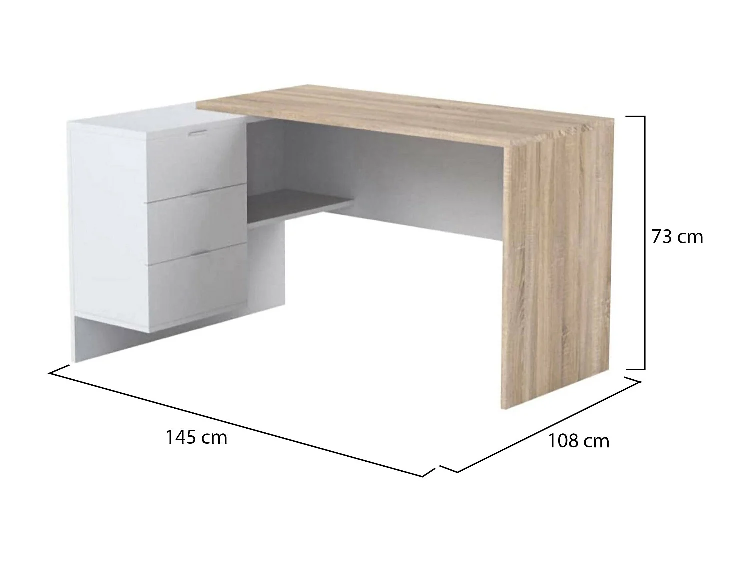Bureau Greensboro, Bureau réversible multifonctionnel avec tiroirs, Bureau d'angle avec support PC ou table de bureau, 145x108h73 cm, Chêne et Blanc