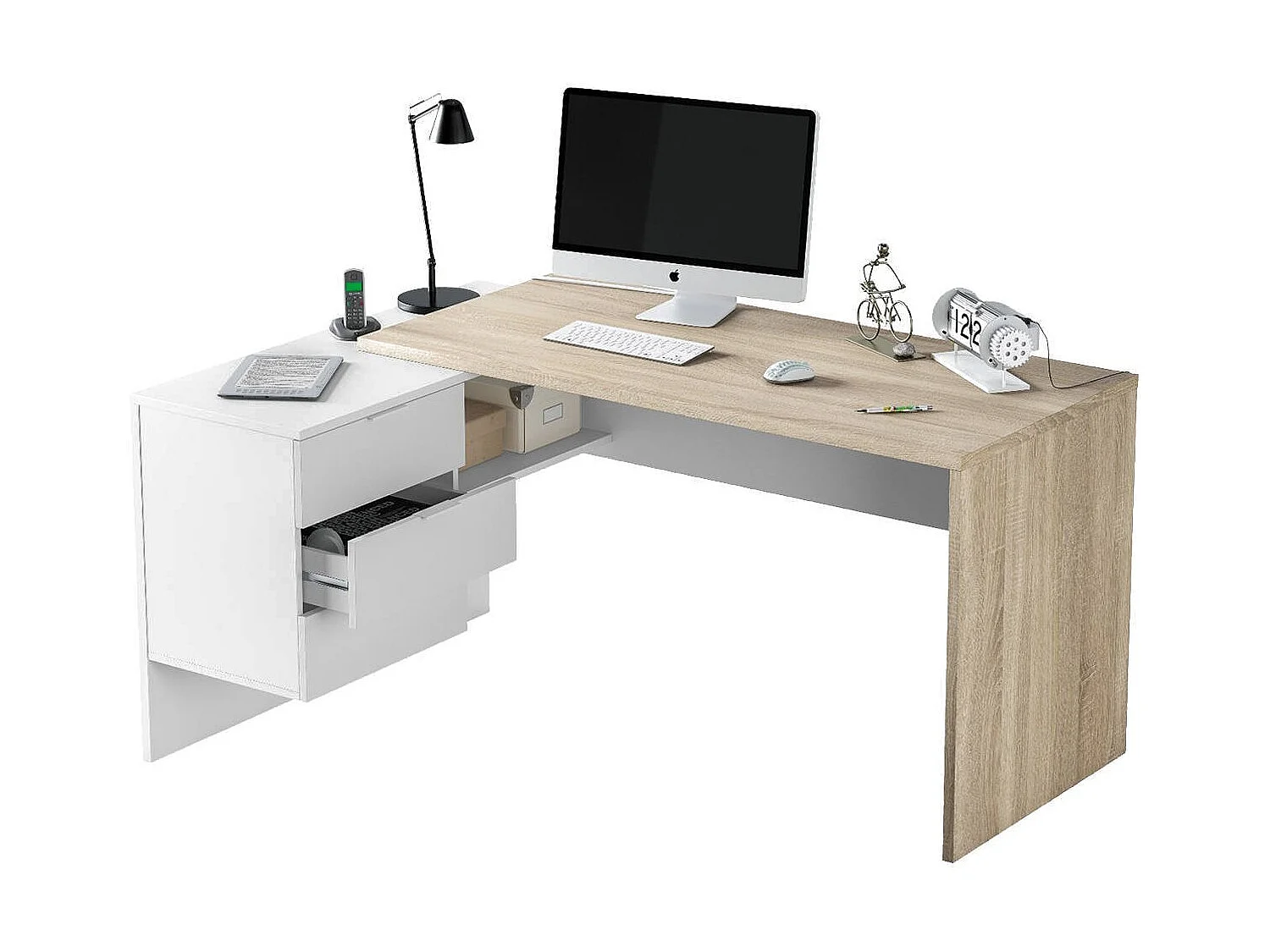 Greensboro Bureau, multifunctioneel omkeerbaar bureau met laden, hoek-pc-studeer- of kantoortafel, 145x108h73 cm, eiken en wit