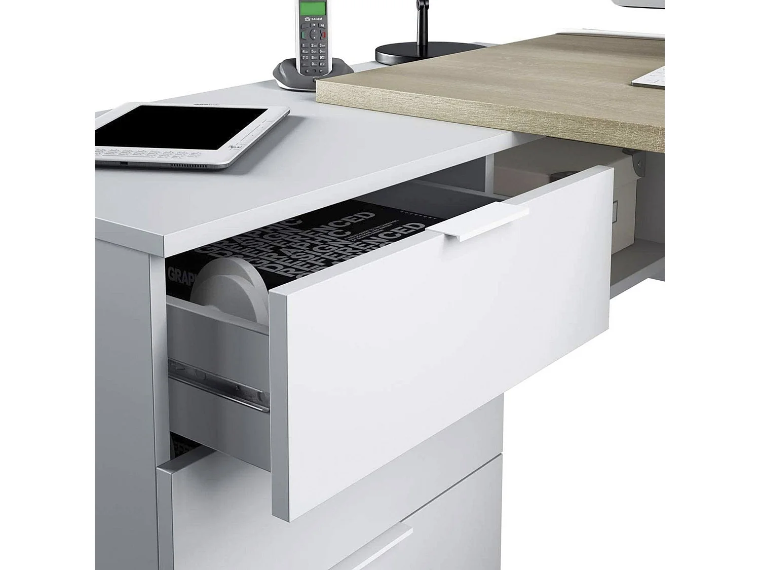 Greensboro Bureau, multifunctioneel omkeerbaar bureau met laden, hoek-pc-studeer- of kantoortafel, 145x108h73 cm, eiken en wit