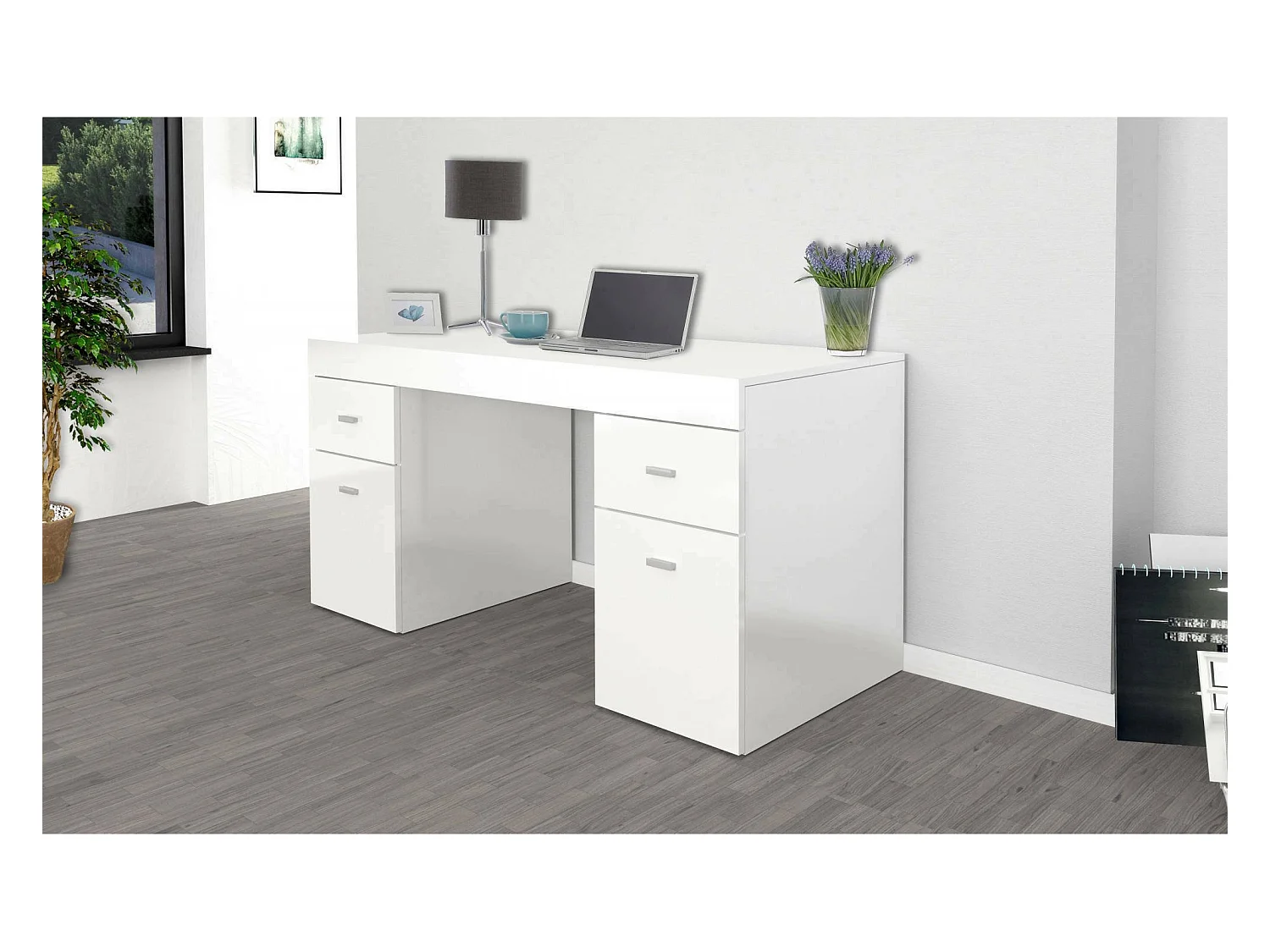 Bureau Cristiano, Bureau PC linéaire, Table de bureau polyvalente, Bureau peu encombrant, 100% Made in Italy, 130x60h75 cm, Blanc brillant