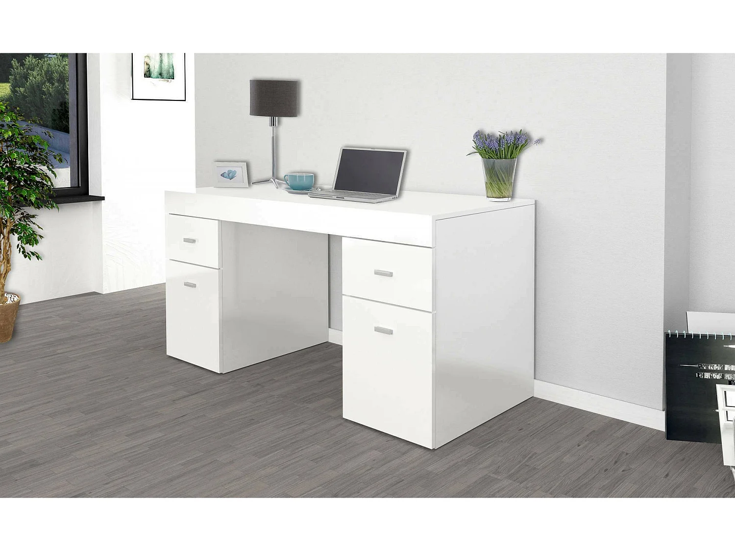 Bureau Cristiano, Bureau PC linéaire, Table de bureau polyvalente, Bureau peu encombrant, 100% Made in Italy, 130x60h75 cm, Blanc brillant
