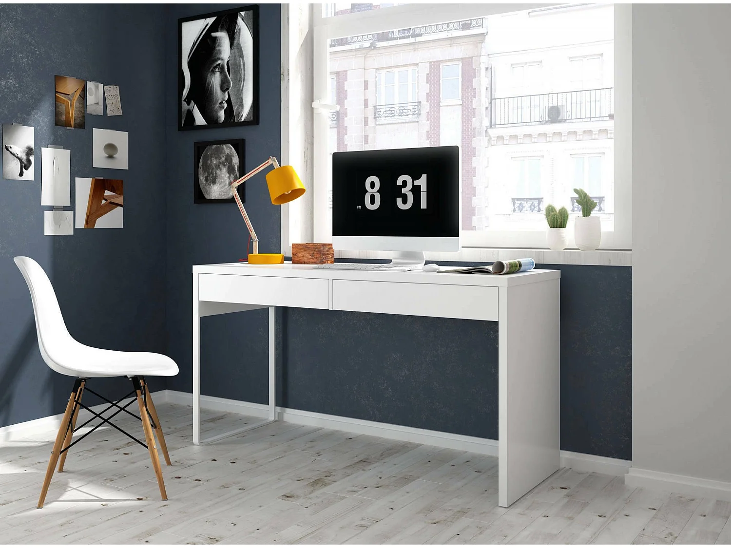 Dmora Bureau Houston 50x138x75h cm Wit 2 Lades Modulair, Structuurmateriaal in Gefineerd Hout