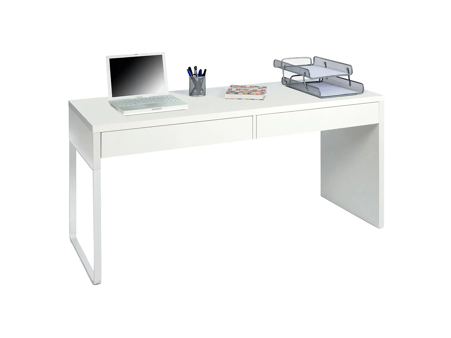 Houston Escritorio, Escritorio de oficina reversible multifuncional, mesa de estudio para PC con 2 cajones, 138x50h75 cm, Blanco