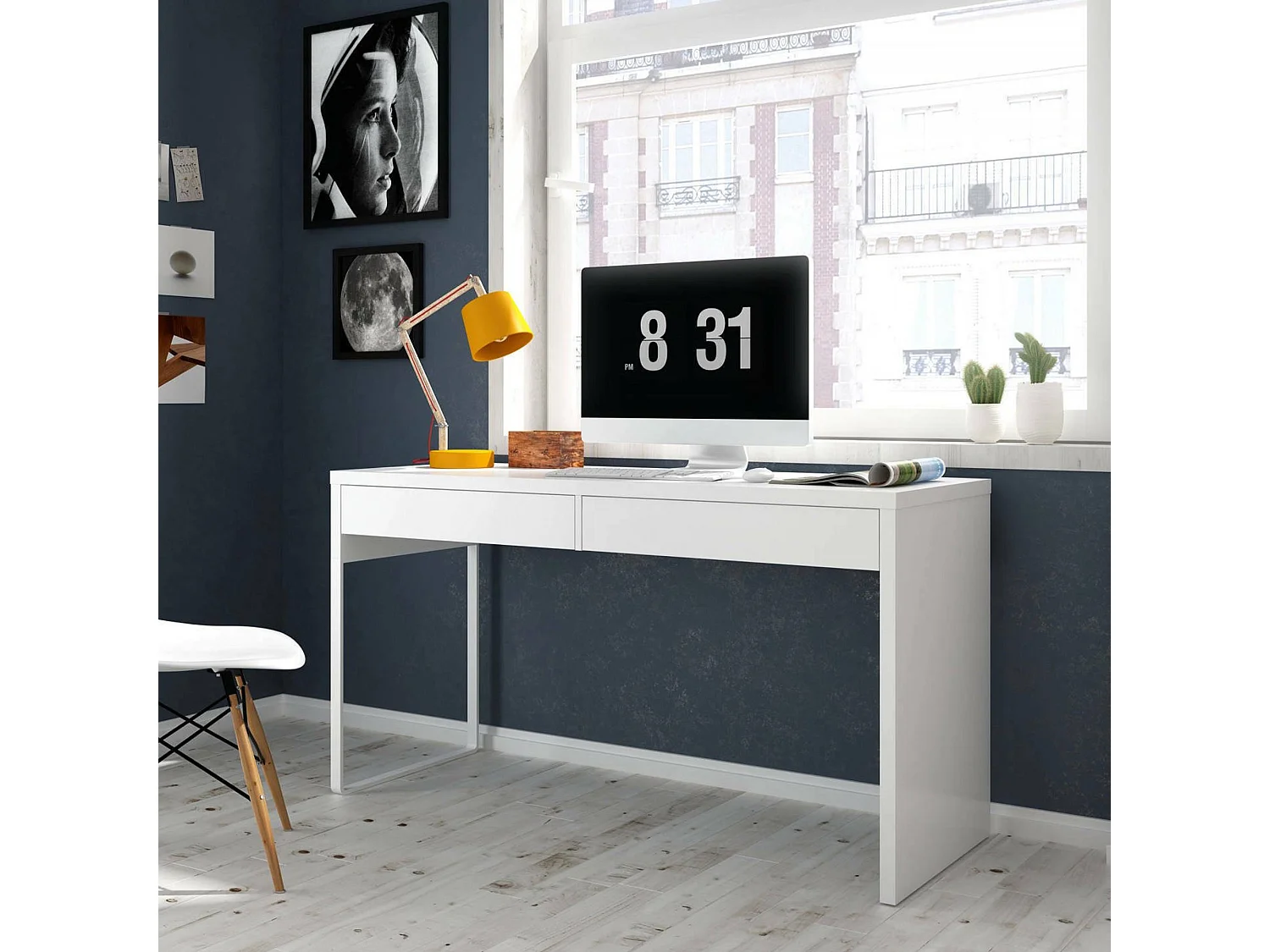 Houston Escritorio, Escritorio de oficina reversible multifuncional, mesa de estudio para PC con 2 cajones, 138x50h75 cm, Blanco