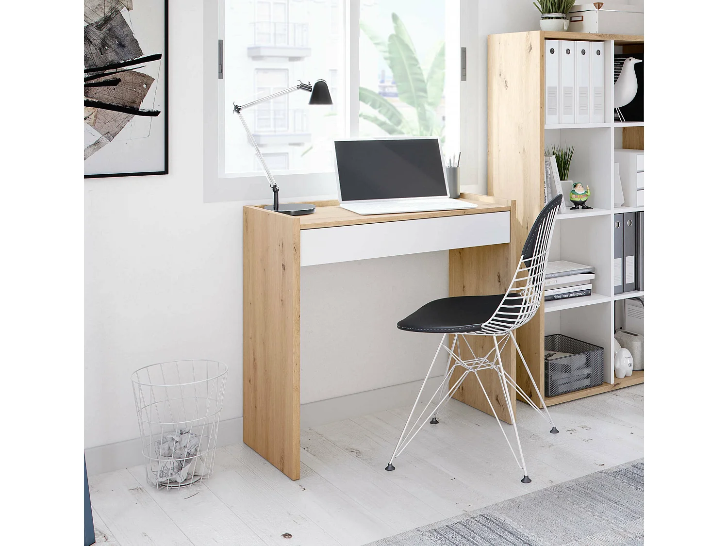 Bureau Fresno, Bureau linéaire avec tiroir, Table d'étude ou de bureau pour PC, 82x40h77 cm, Chêne noué et Blanc