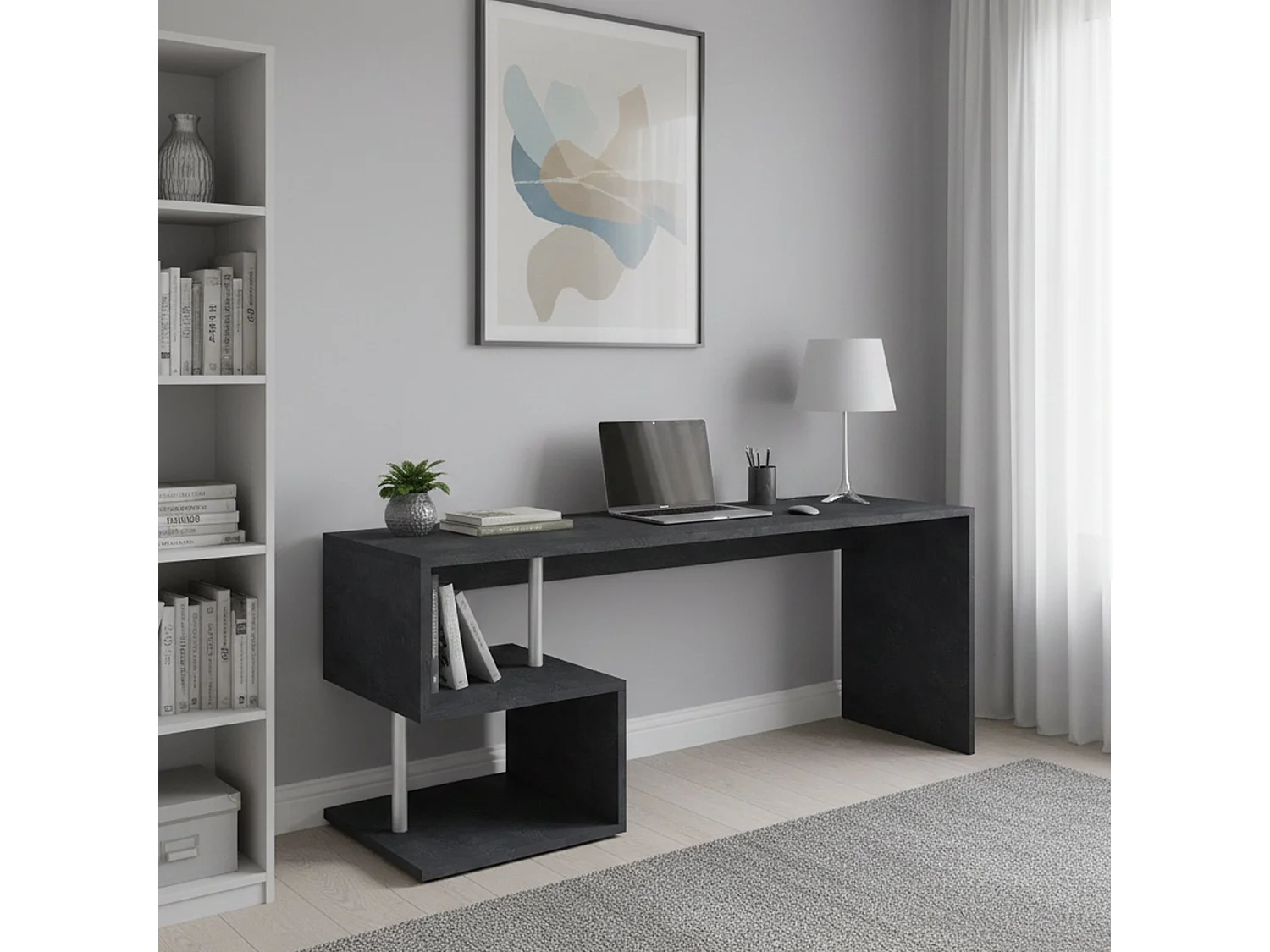 Bureau Samuel, Bureau PC Linéaire, Table de bureau polyvalente, Bureau gain de place multi-positions, 100% Made in Italy, 180x60h78 cm, Ardoise