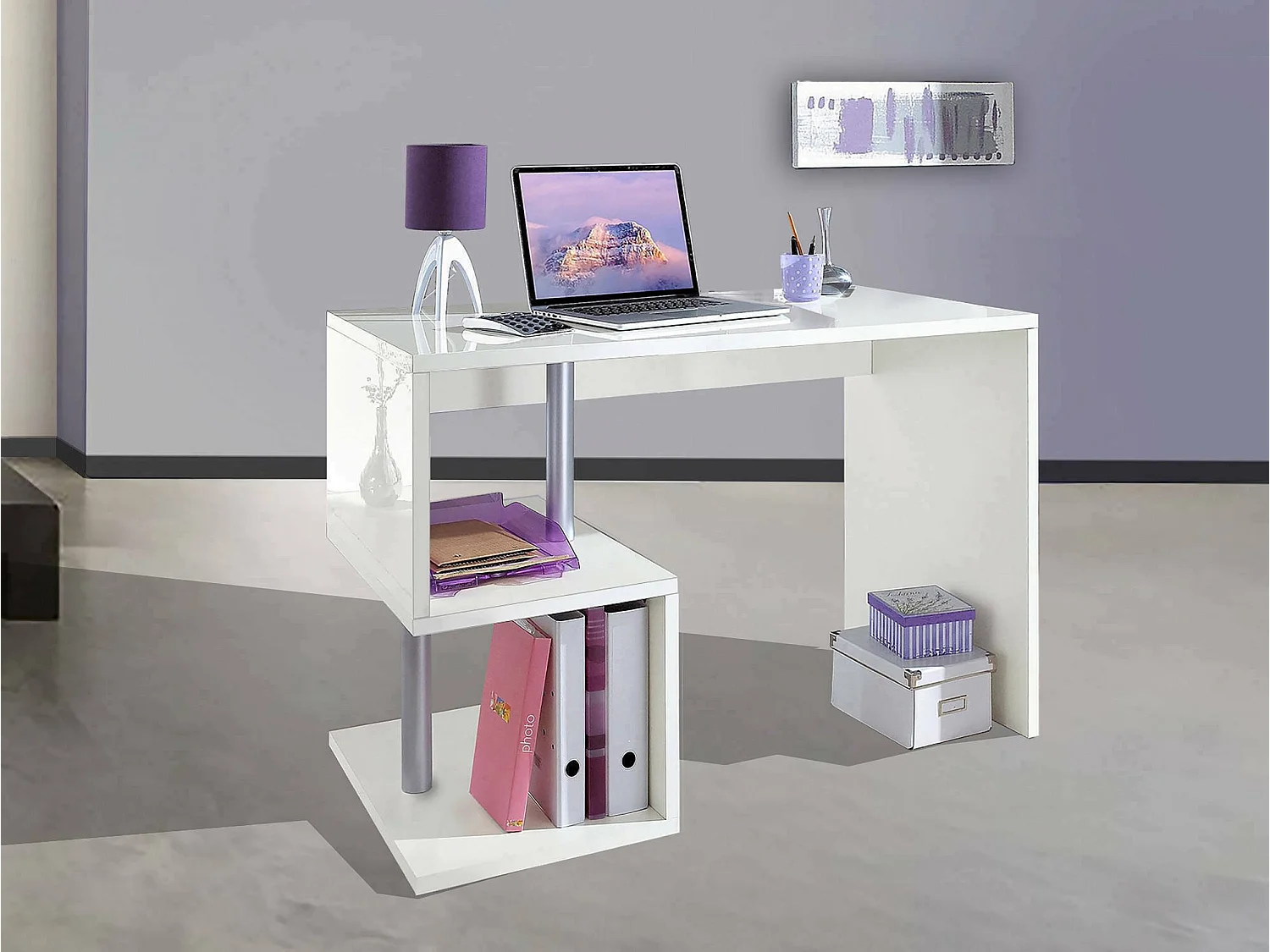 Bureau Massimo, Bureau PC Linéaire, Table de bureau polyvalente, Bureau gain de place multi-positions, 100% Made in Italy, 100x50h78 cm, Blanc brillant