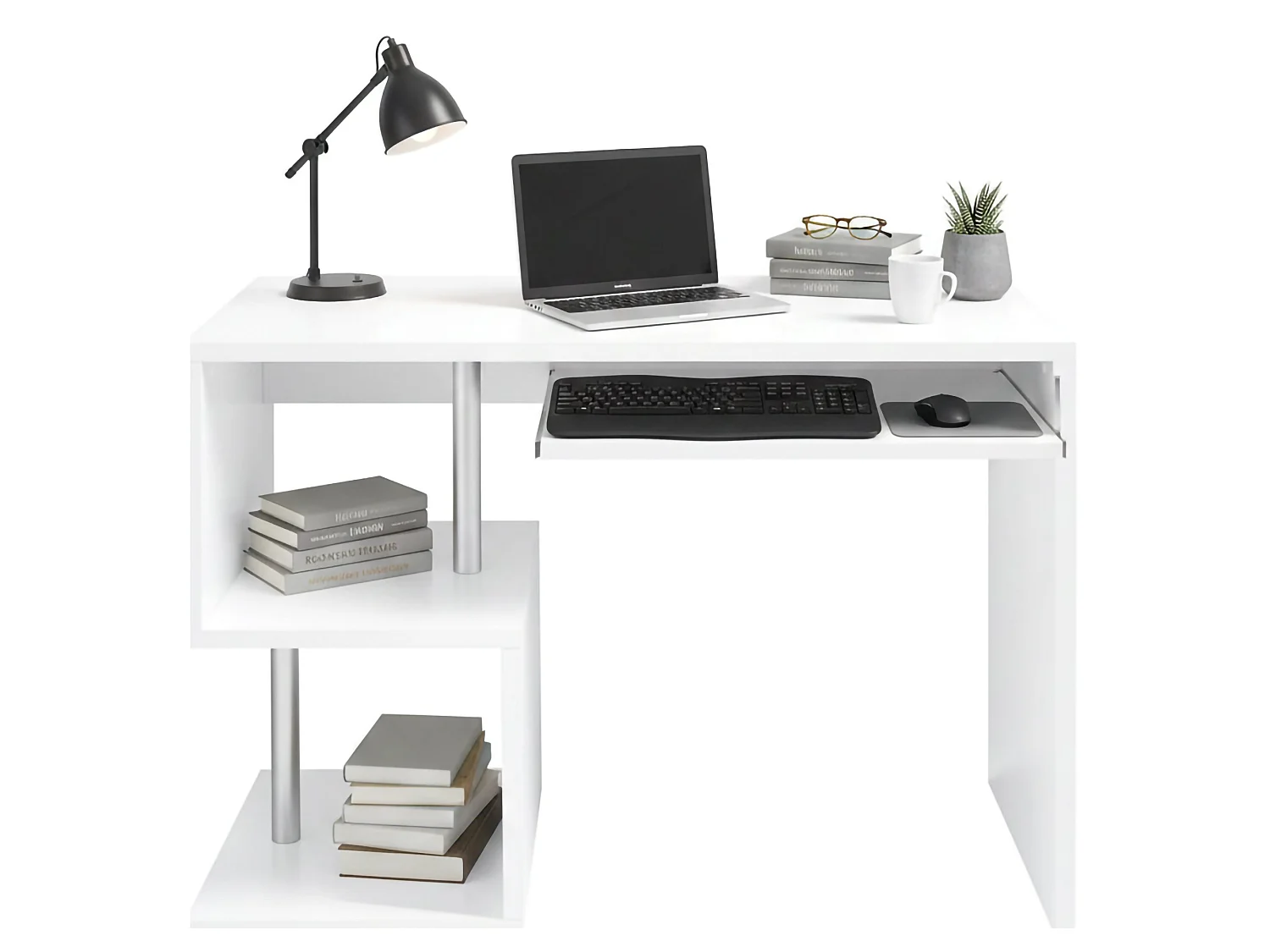 Bureau Massimo, Bureau PC Linéaire, Table de bureau polyvalente, Bureau gain de place multi-positions, 100% Made in Italy, 100x50h78 cm, Blanc brillant