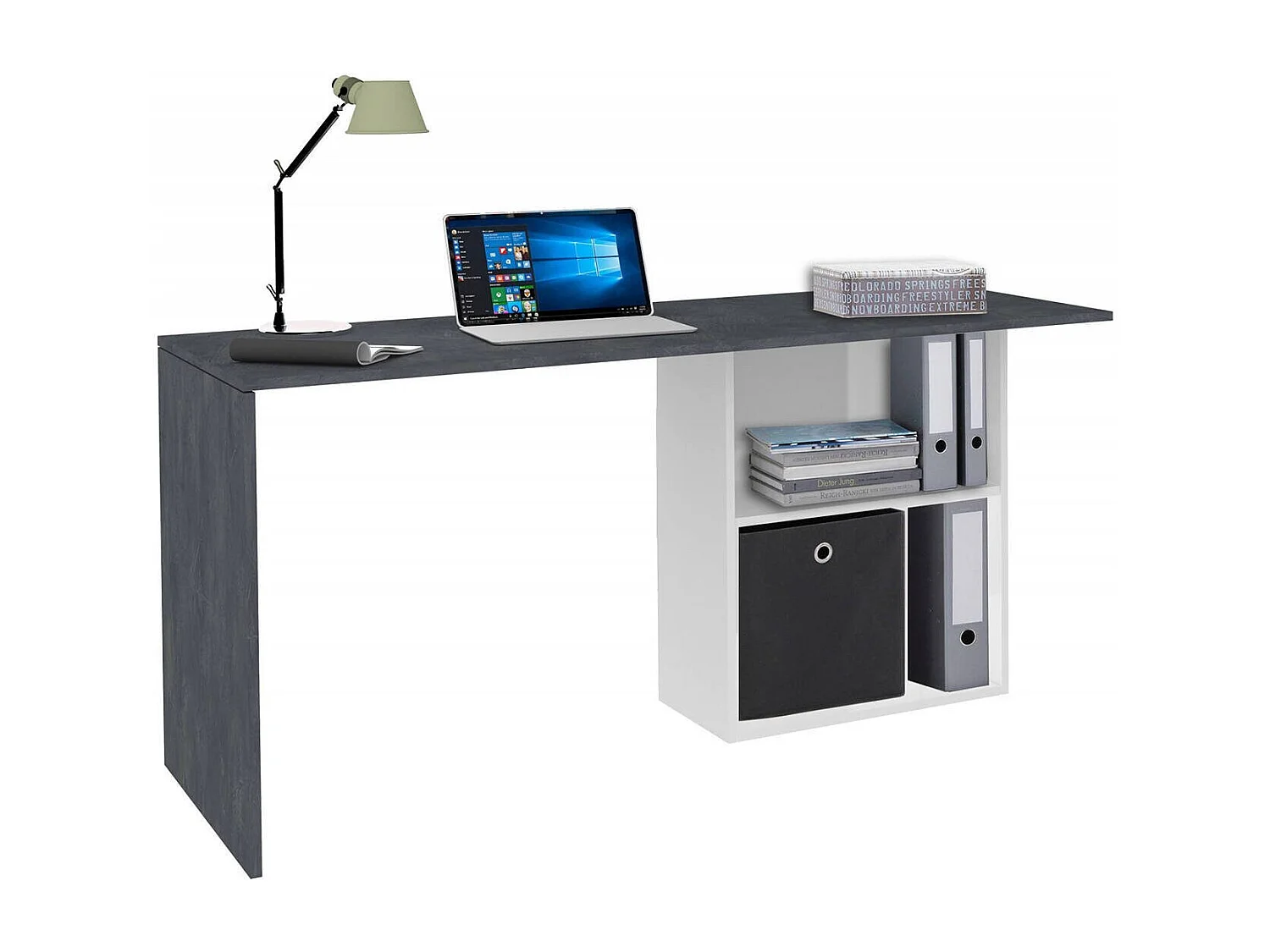 Bureau Raimondo, Bureau PC Linéaire, Table de bureau polyvalente, Bureau peu encombrant, 100% Made in Italy, 110x50h75 cm, Blanc brillant et ardoise