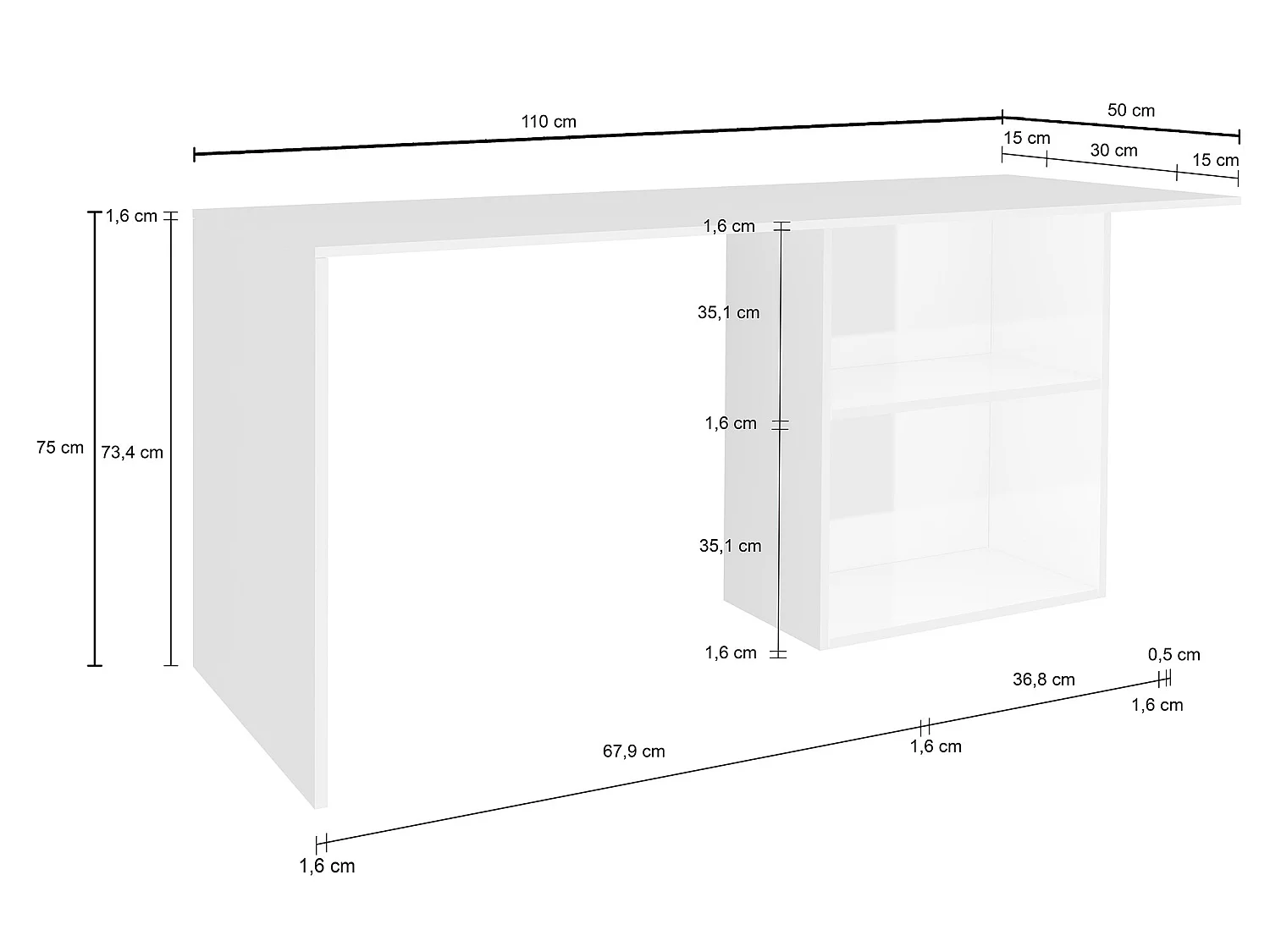 Mesa Raimondo, Mesa Linear para PC, Mesa de escritório multiuso, Mesa que economiza espaço, 100% Fabricado na Itália, 110x50h75 cm, Branco brilhante e ardósia