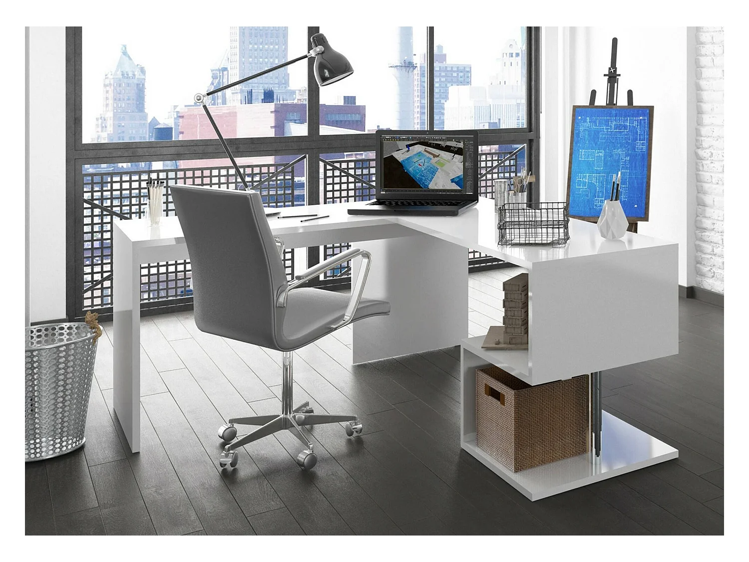 Antonino bureau, Lineair pc-bureau, Multifunctionele kantoortafel, Ruimtebesparend bureau, 100% Made in Italy, 160x60h78 cm, Glanzend wit