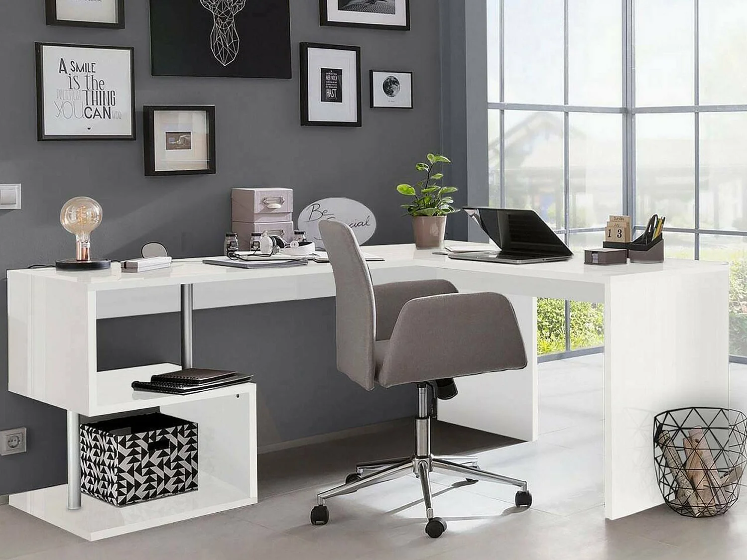 Dmora Bureau Antonino 60x160x78 cm Wit Glanzend 2 Planken Pc-Steun, Blad in Wood Melamine Gemaakt in Italië