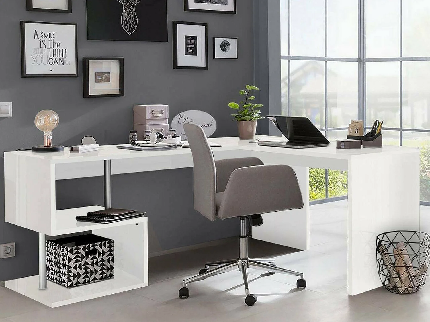 Dmora Bureau Antonino 60x160x78 cm Wit Glanzend 2 Planken Pc-Steun, Blad in Wood Melamine Gemaakt in Italië