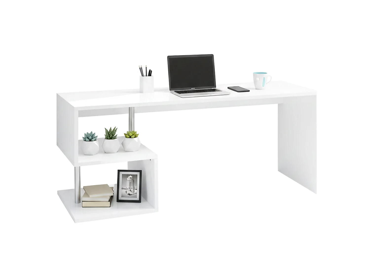 Dmora Bureau Samuel 60x180x78h cm Glanzend Wit Modulair 2 Planken, Pc-ondersteuning Gemaakt in Italië