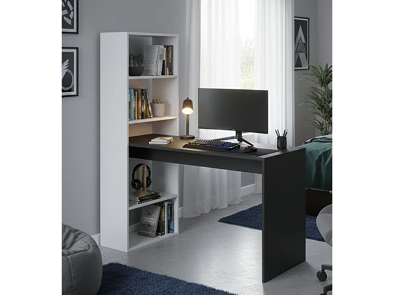 Bureau Denton, Bureau multifonction réversible avec bibliothèque 5 étagères, Table d'étude ou de bureau pour support livre PC, 120x53h144 cm, Blanc et Anthracite