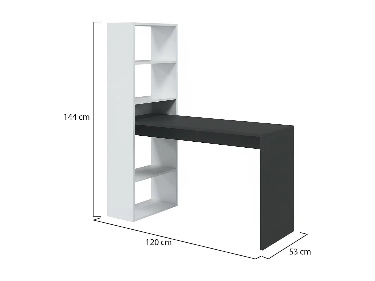 Bureau Denton, Bureau multifonction réversible avec bibliothèque 5 étagères, Table d'étude ou de bureau pour support livre PC, 120x53h144 cm, Blanc et Anthracite