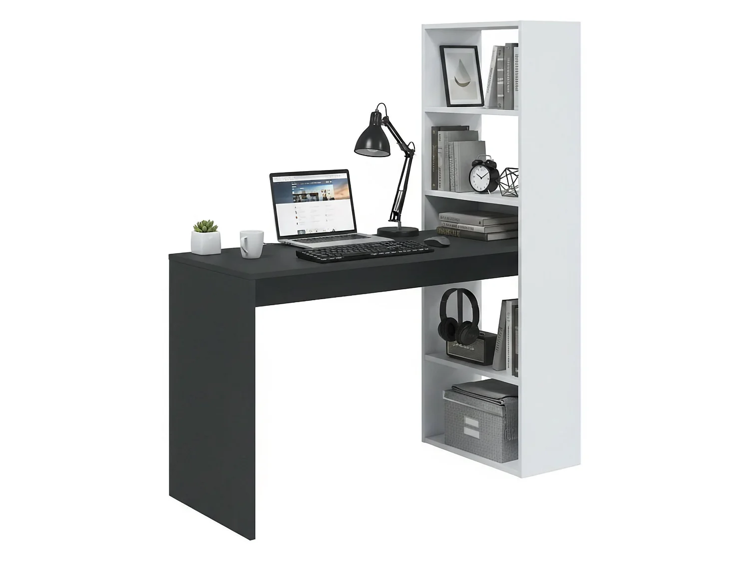 Mesa Denton, Mesa multifuncional reversível com estante de 5 prateleiras, Mesa de estudo ou escritório para porta-livros para PC, 120x53h144 cm, Branco e Antracite