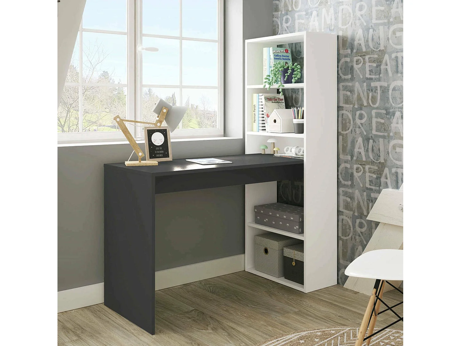 Mesa Denton, Mesa multifuncional reversível com estante de 5 prateleiras, Mesa de estudo ou escritório para porta-livros para PC, 120x53h144 cm, Branco e Antracite