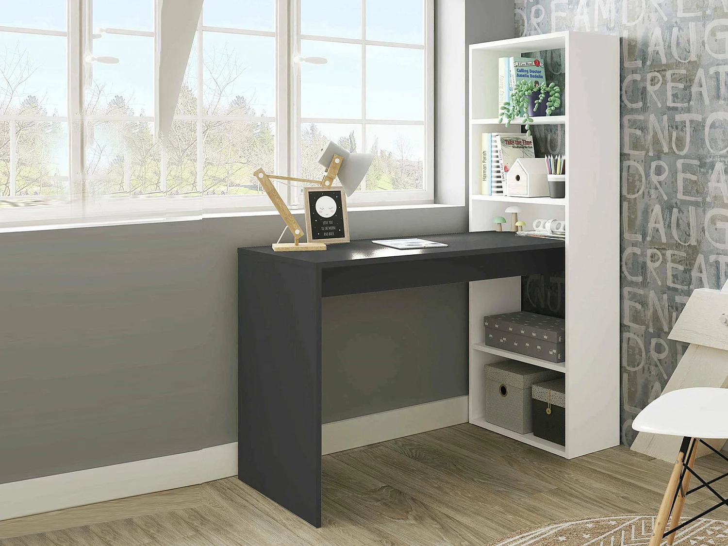 Dmora Scrivania Denton 53x120x144h cm Nero Opaco Modulabile 5 Ripiani, con Libreria
