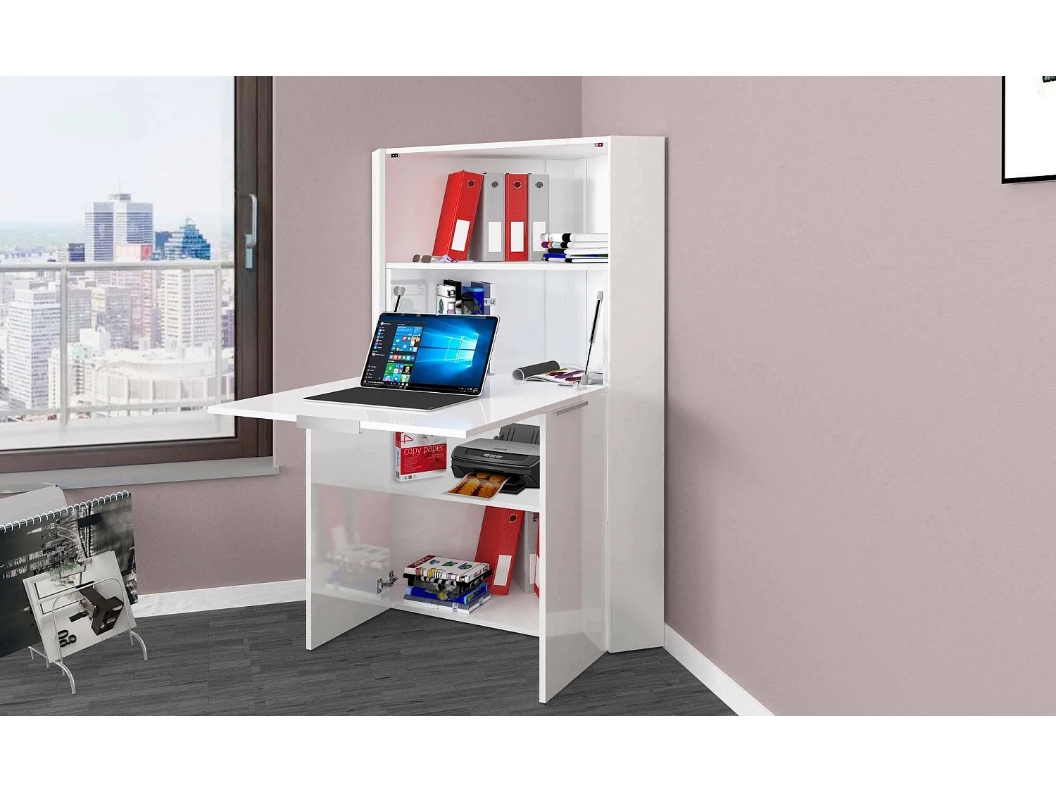 Bureau,effet bois,Blanc brillant,70x35h140 cm