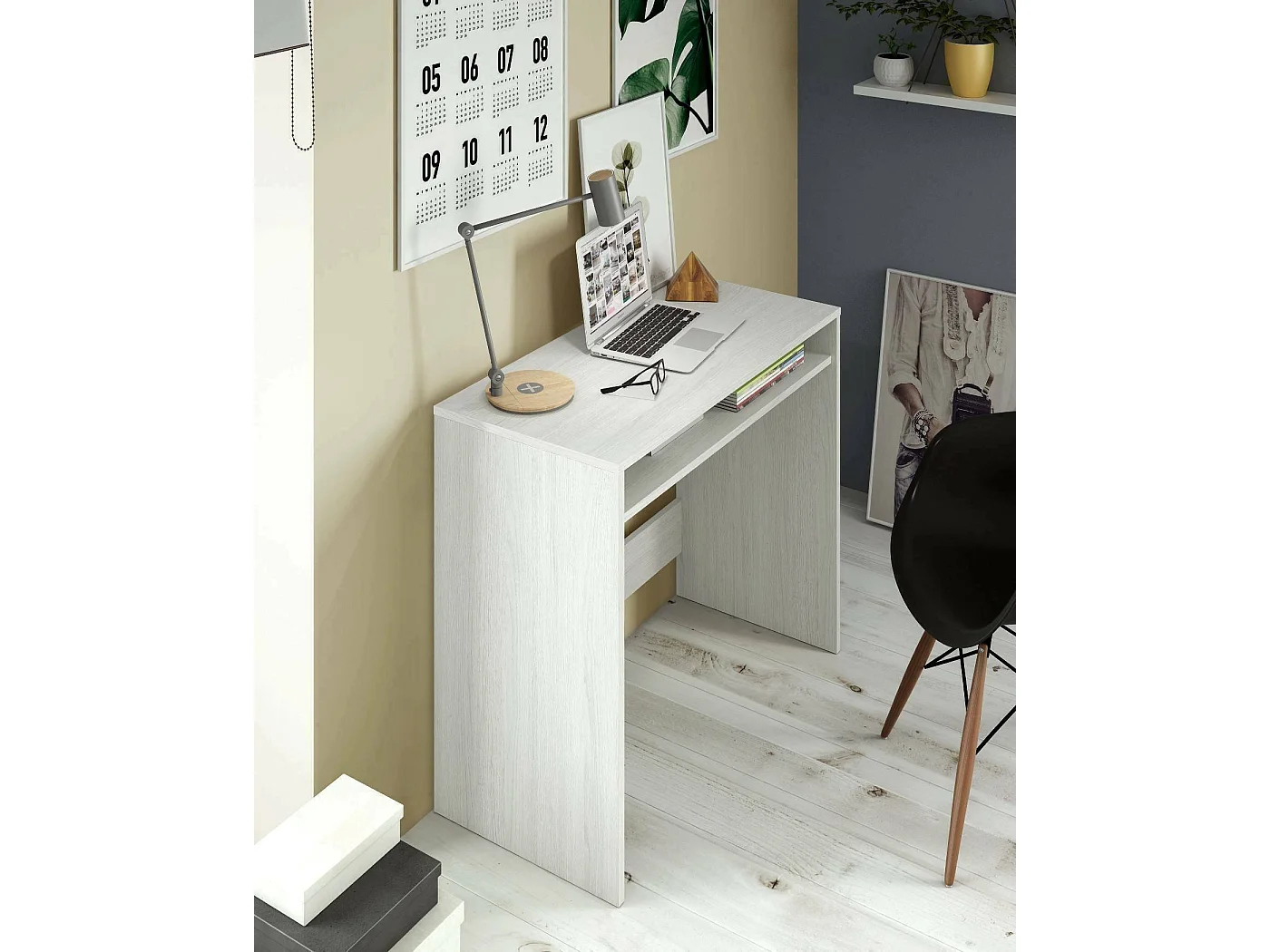 Bureau Portland, Bureau linéaire avec étagère fixe, Table d'étude ou de bureau pour PC, 79x43h78 cm, Effet bois blanc
