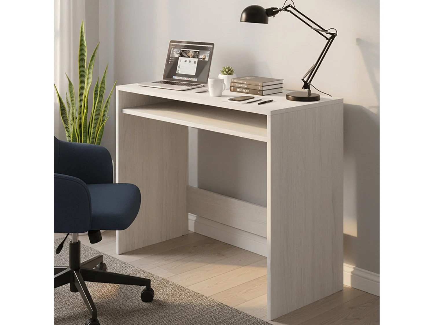 Dmora Bureau Portland 43x79x78h cm Wit Hout, Een Plank, pc-Steun, Kleur Blad Wit