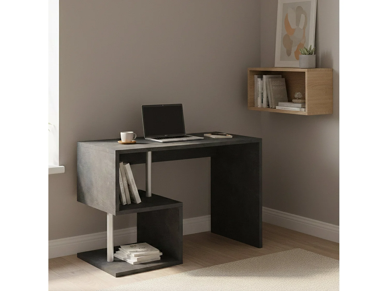 Dmora Bureau Max 50x100x78h cm Leisteengrijs Moduleerbaar 2 Planken, PC-standaard Made in Italy