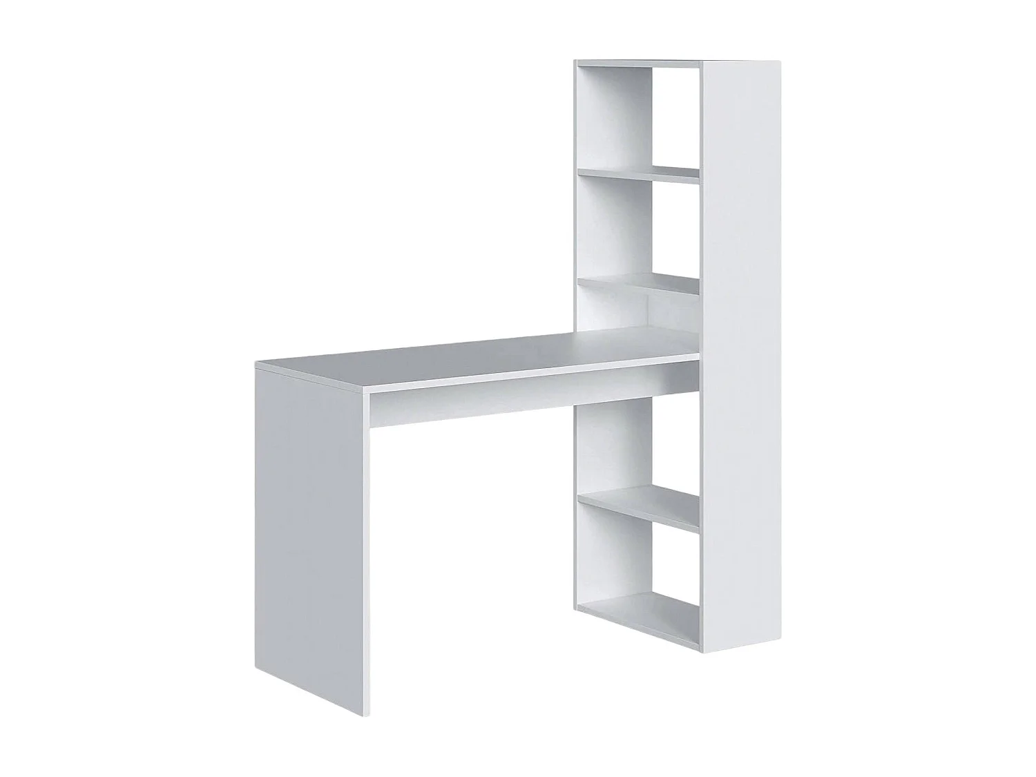 Scrivania Denton, Scrittoio multifunzione reversibile con libreria 5 ripiani, Tavolo da studio o ufficio porta PC portalibri, 120x53h144 cm, Bianco