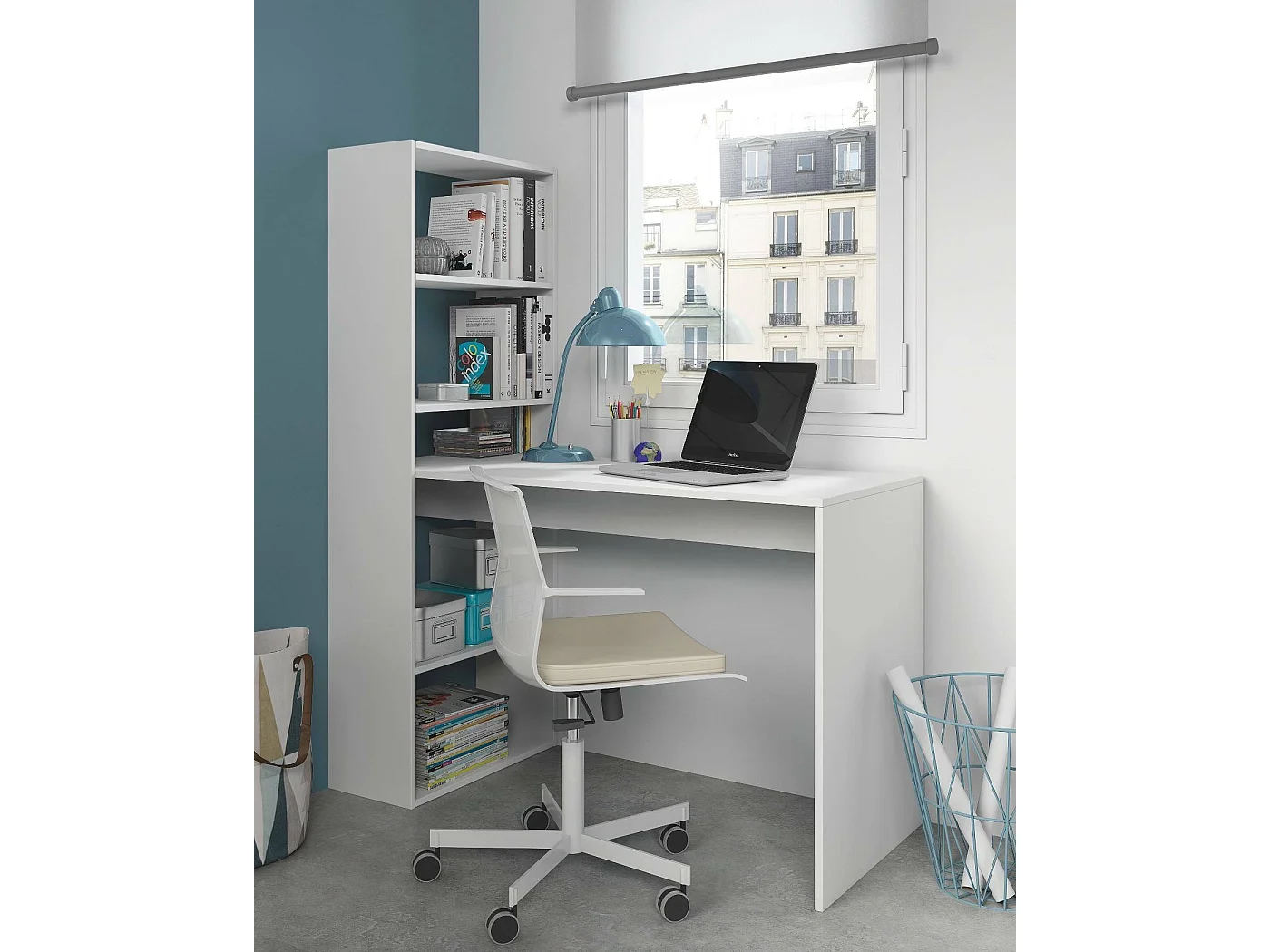 Dmora Bureau Denton 53x120x144h cm Wit Modulair 5 Planken, met Boekenkast