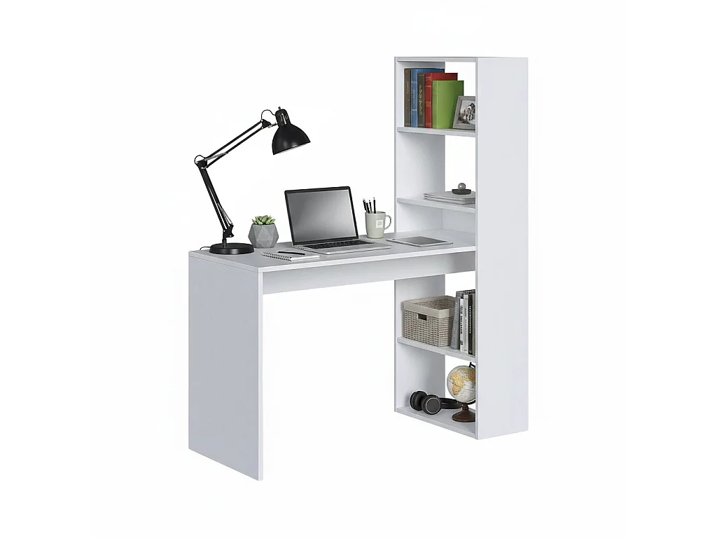 Bureau Denton, Bureau multifonction réversible avec bibliothèque 5 étagères, Table d'étude ou de bureau pour support livre PC, 120x53h144 cm, Blanc