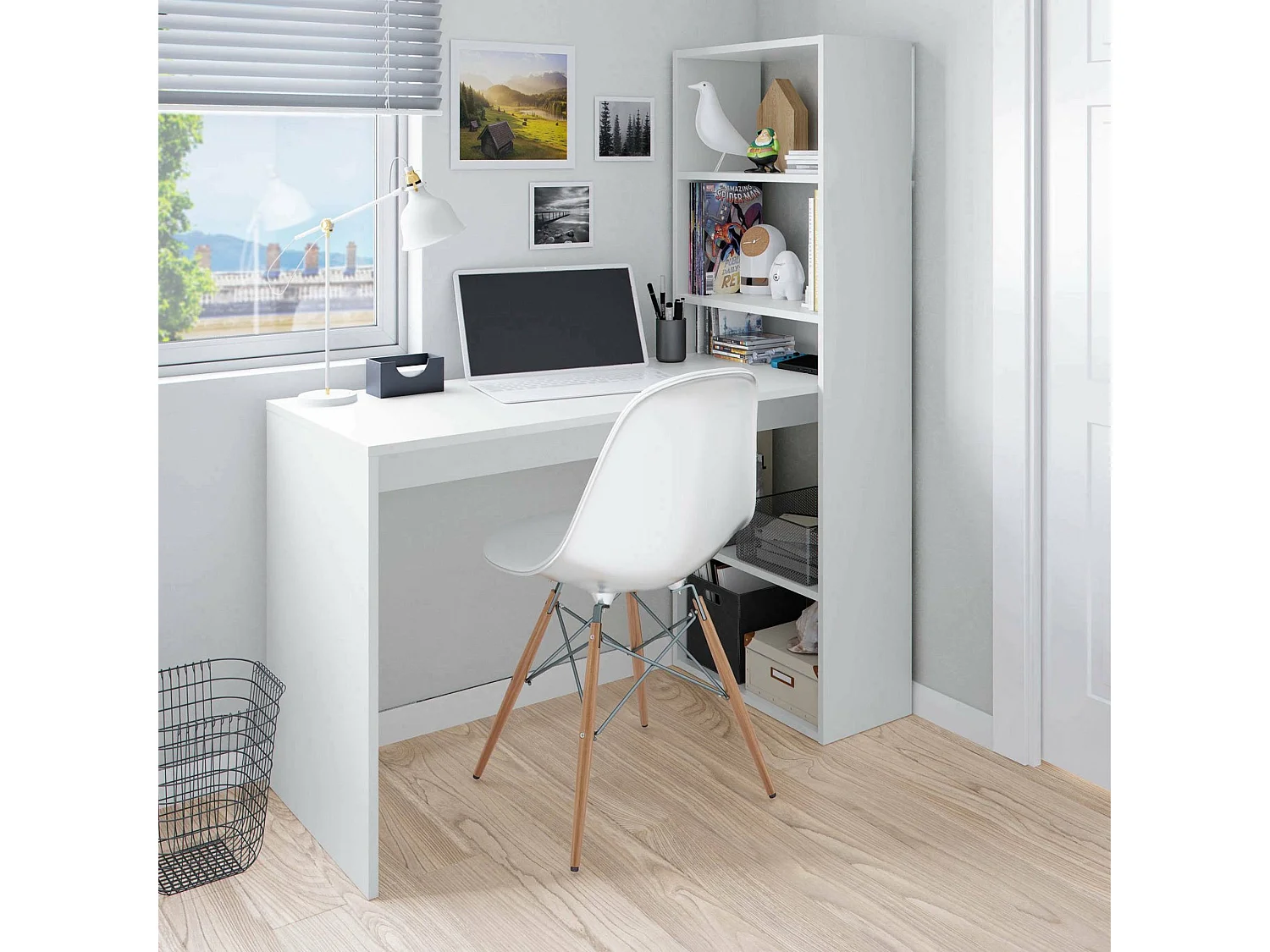 Bureau Denton, Bureau multifonction réversible avec bibliothèque 5 étagères, Table d'étude ou de bureau pour support livre PC, 120x53h144 cm, Blanc
