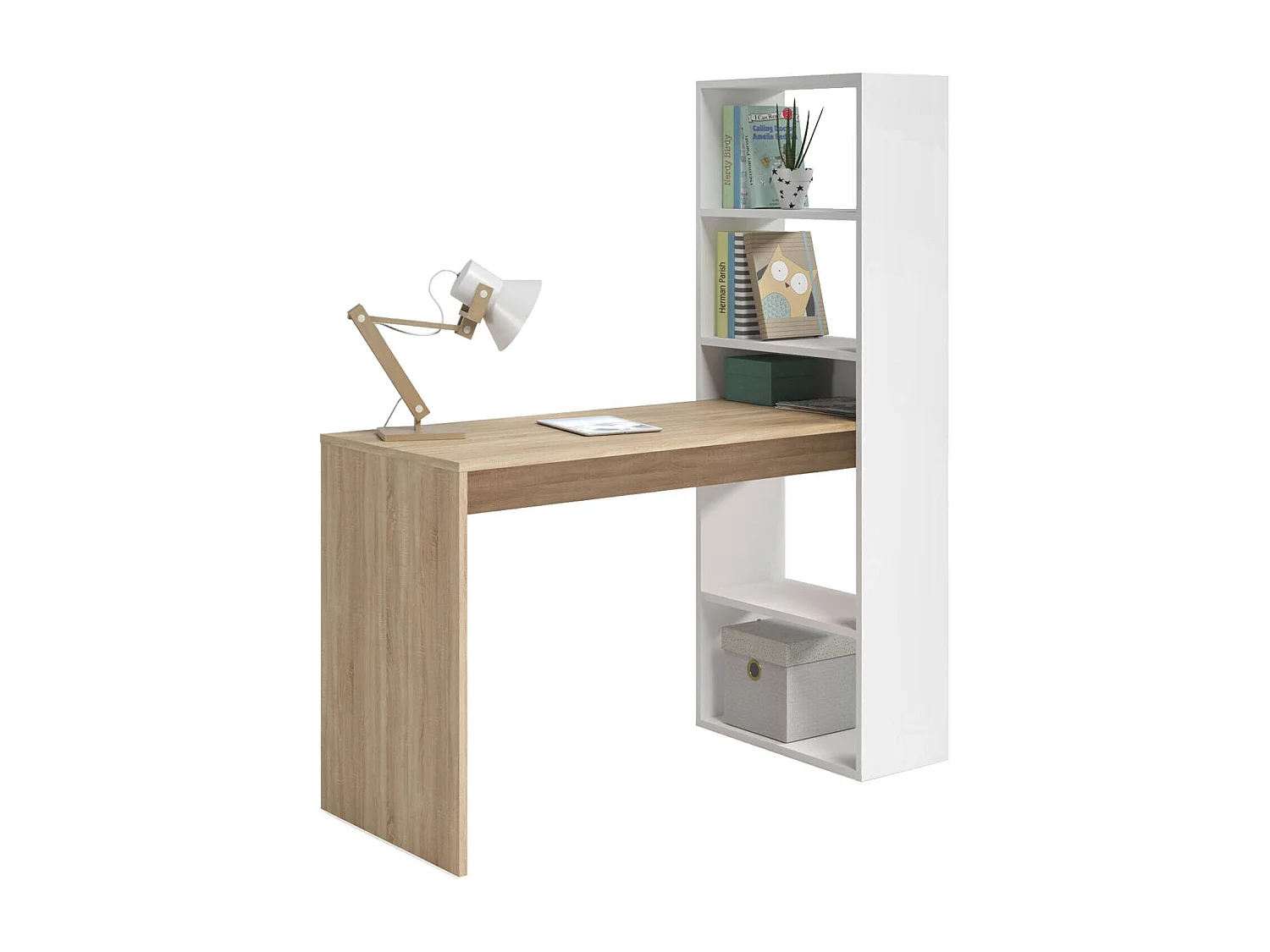 Scrivania Denton, Scrittoio multifunzione reversibile con libreria 5 ripiani, Tavolo da studio o ufficio porta PC portalibri, 120x53h144 cm, Bianco e Rovere