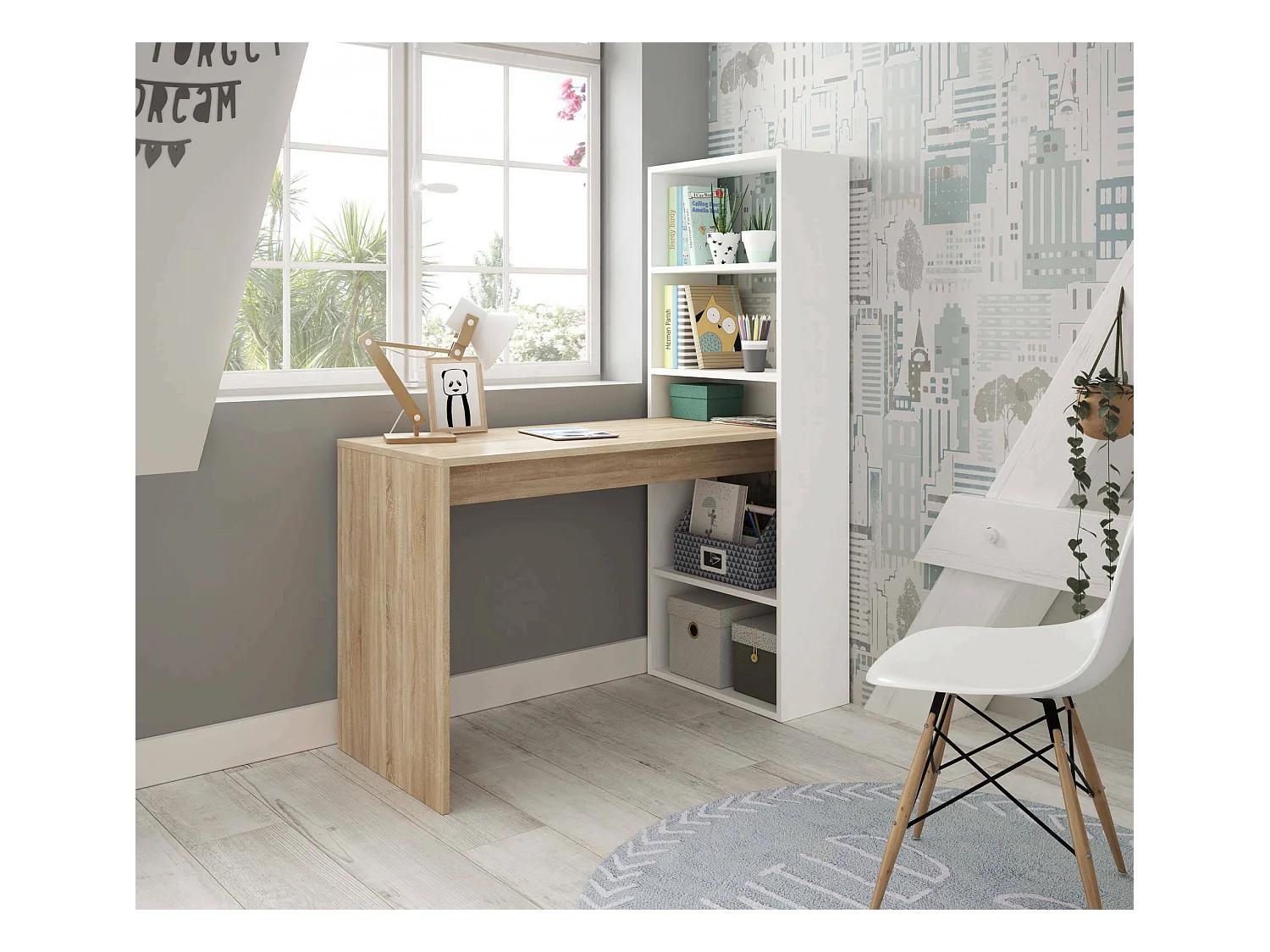 Bureau Denton, Bureau multifonction réversible avec bibliothèque 5 étagères, Table d'étude ou de bureau pour support livre PC, 120x53h144 cm, Blanc et Chêne