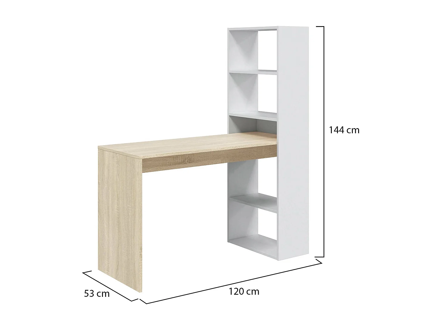 Bureau Denton, Bureau multifonction réversible avec bibliothèque 5 étagères, Table d'étude ou de bureau pour support livre PC, 120x53h144 cm, Blanc et Chêne