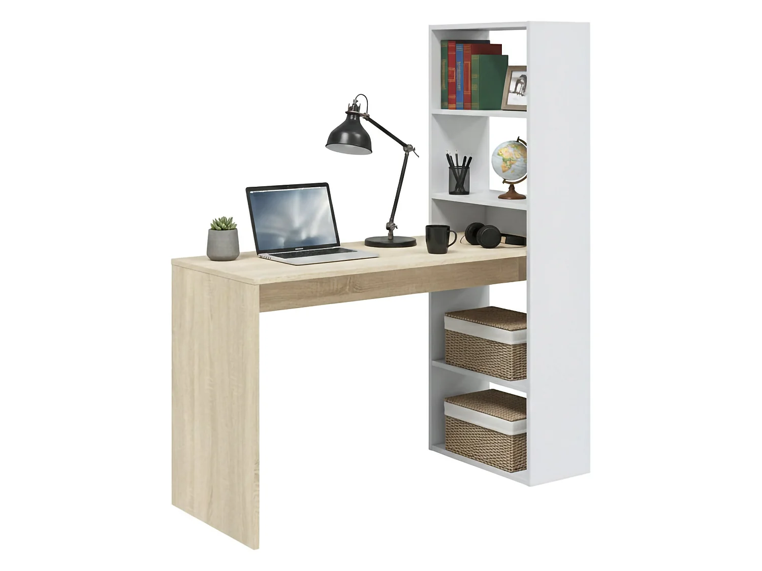 Bureau Denton, Bureau multifonction réversible avec bibliothèque 5 étagères, Table d'étude ou de bureau pour support livre PC, 120x53h144 cm, Blanc et Chêne