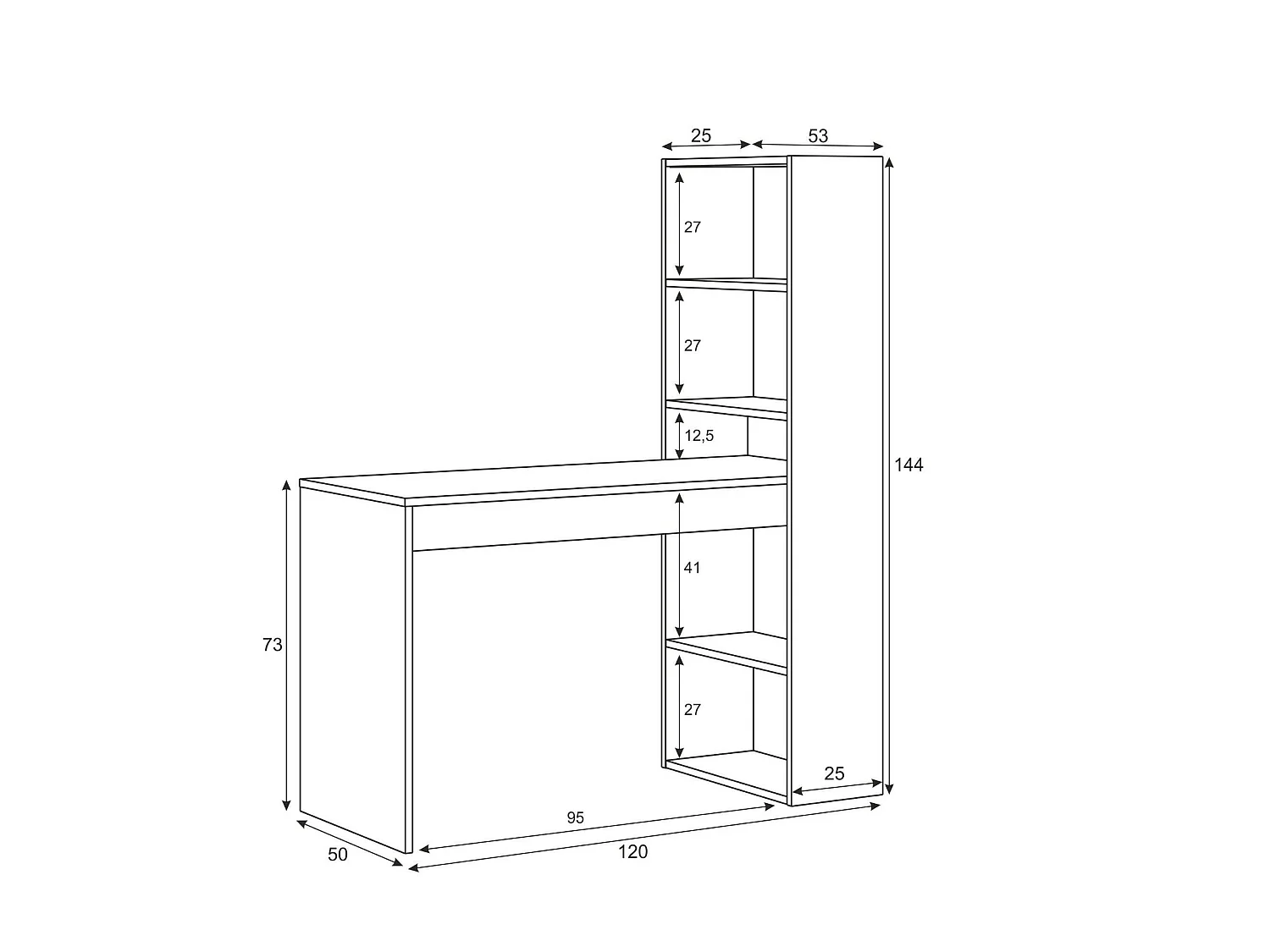 Bureau Denton, Bureau multifonction réversible avec bibliothèque 5 étagères, Table d'étude ou de bureau pour support livre PC, 120x53h144 cm, Blanc et Chêne