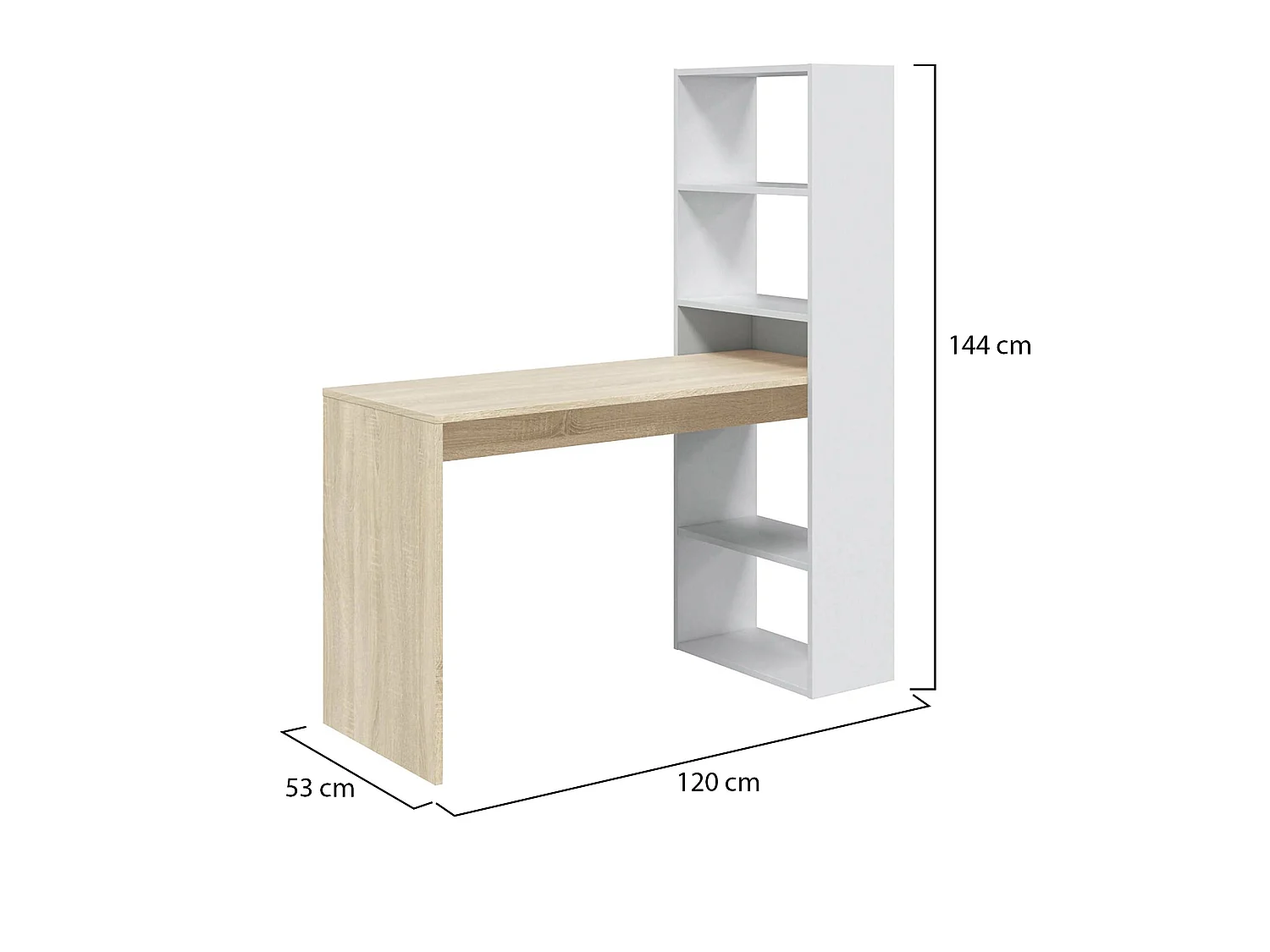 Bureau Denton, Bureau multifonction réversible avec bibliothèque 5 étagères, Table d'étude ou de bureau pour support livre PC, 120x53h144 cm, Blanc et Chêne
