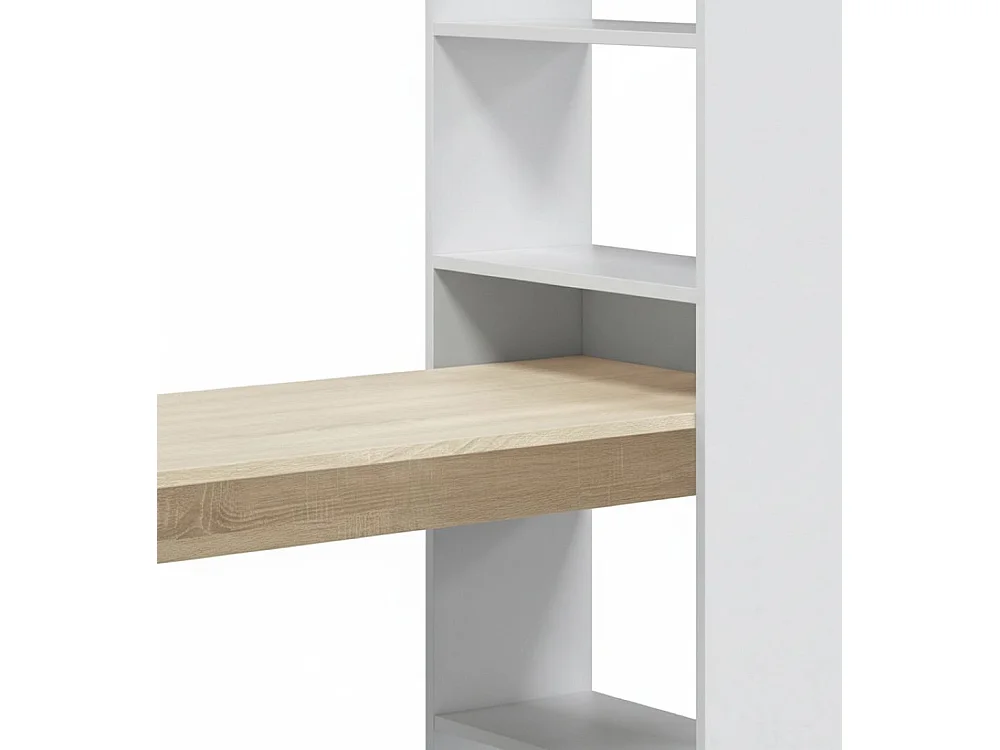 Bureau Denton, Bureau multifonction réversible avec bibliothèque 5 étagères, Table d'étude ou de bureau pour support livre PC, 120x53h144 cm, Blanc et Chêne