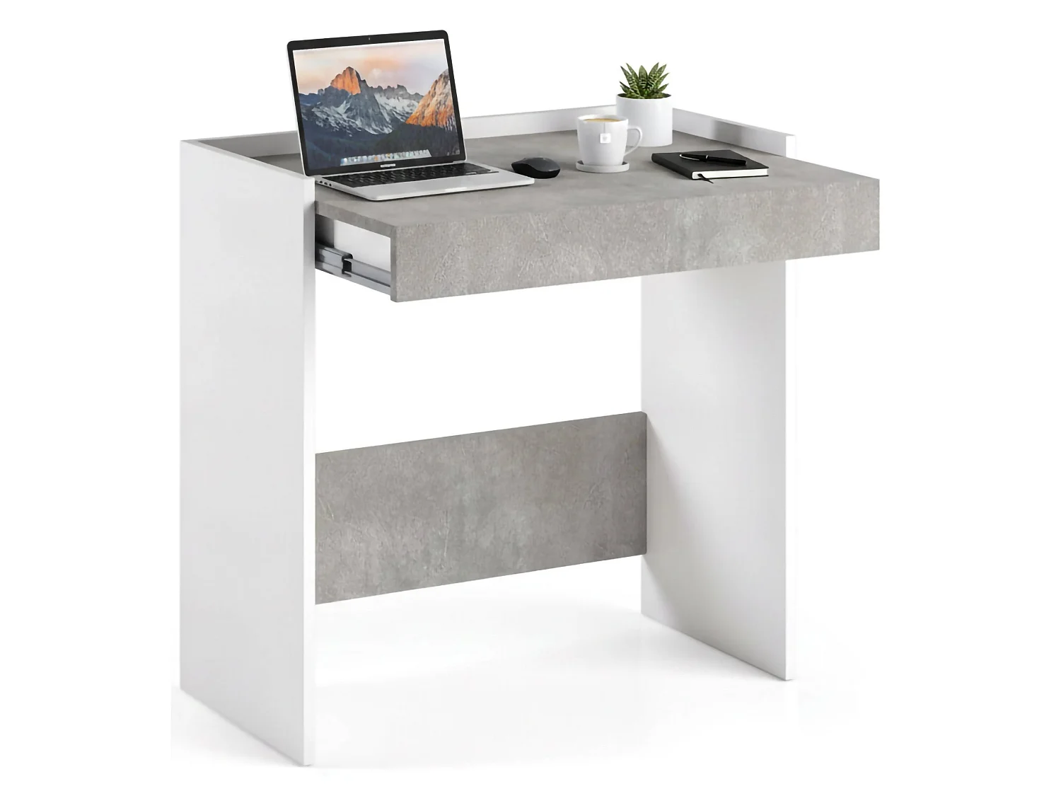 Bureau Clématide, Bureau moderne avec tiroir, Table d'étude ou de bureau, Porte-livre PC, 100% Made in Italy, 80x40h79 cm, Blanc et Ciment