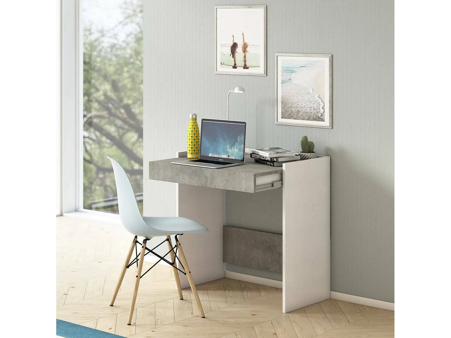 Bureau Clématide, Bureau moderne avec tiroir, Table d'étude ou de bureau, Porte-livre PC, 100% Made in Italy, 80x40h79 cm, Blanc et Ciment