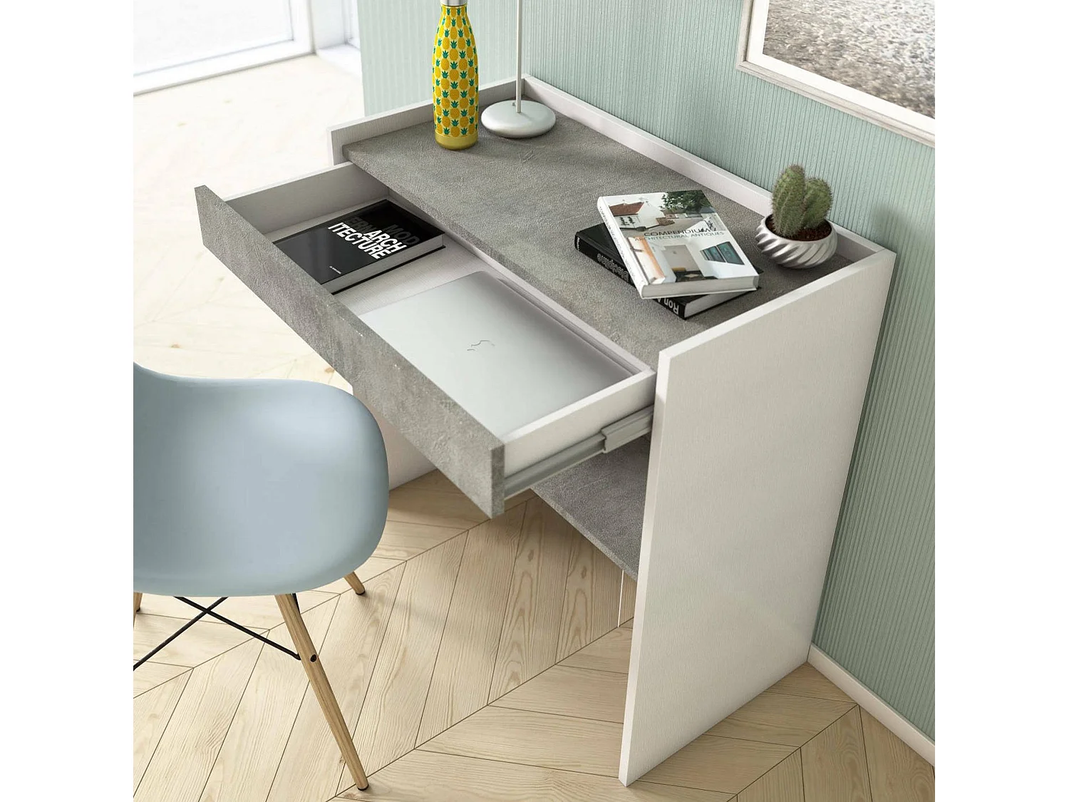 Bureau Clématide, Bureau moderne avec tiroir, Table d'étude ou de bureau, Porte-livre PC, 100% Made in Italy, 80x40h79 cm, Blanc et Ciment
