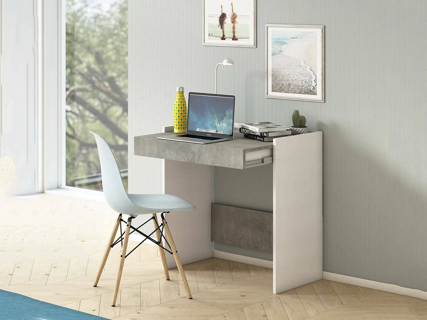 Bureau Clématide, Bureau moderne avec tiroir, Table d'étude ou de bureau, Porte-livre PC, 100% Made in Italy, 80x40h79 cm, Blanc et Ciment