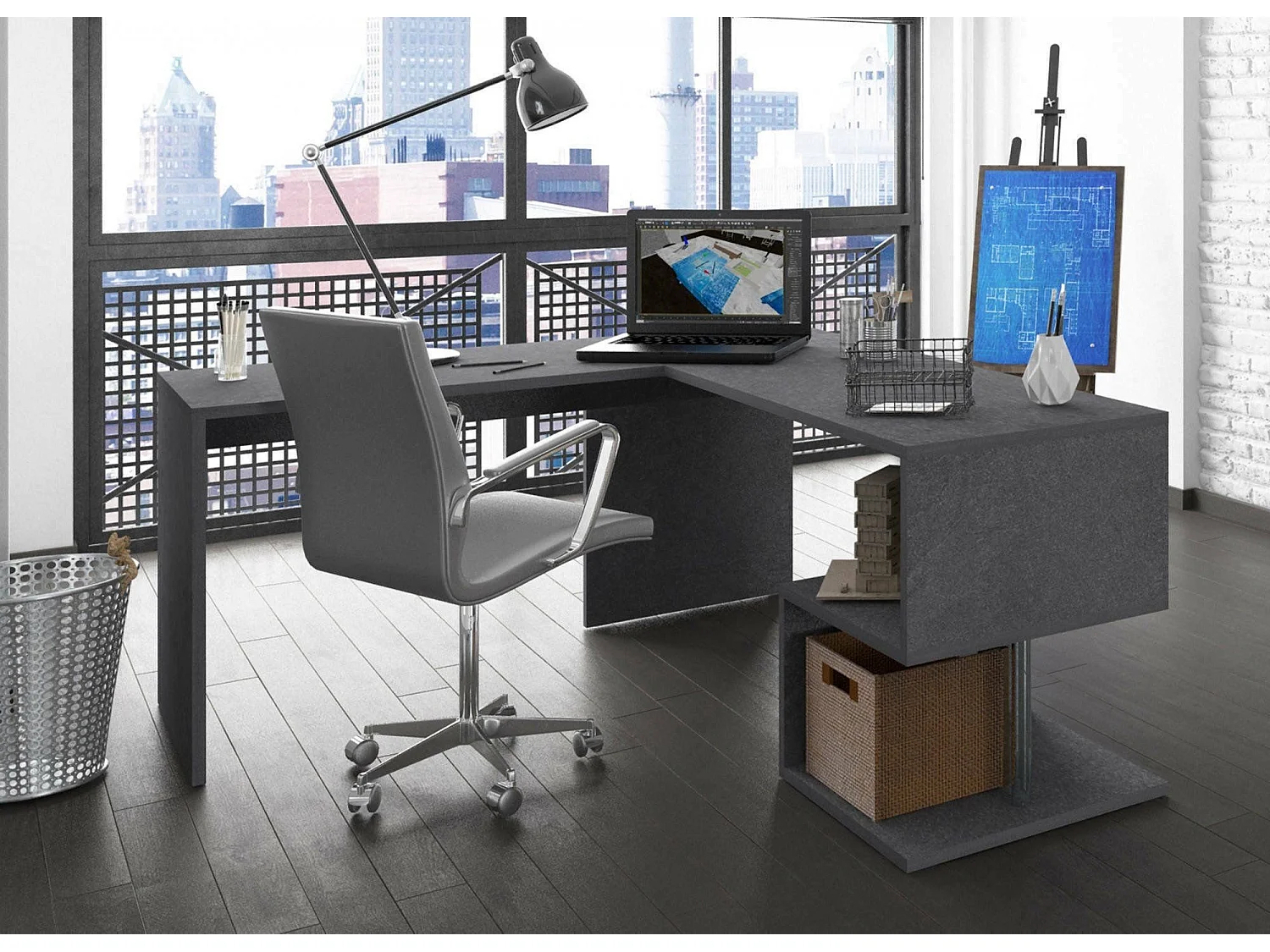Bureau Sasha, Bureau d'angle PC, Table de bureau polyvalente, Bureau gain de place multi-positions, 100% Made in Italy, 160x60h78 cm, Ardoise