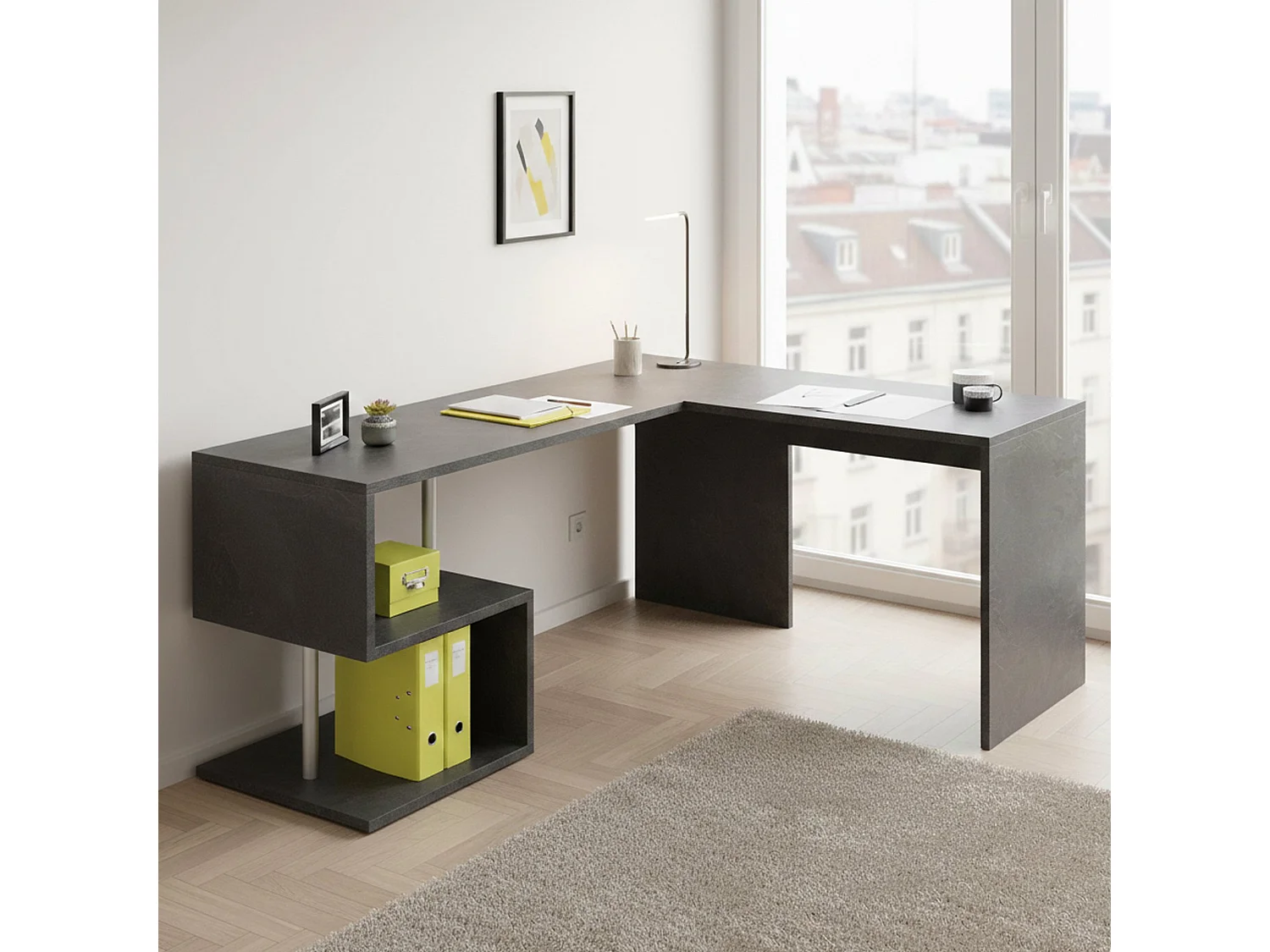 Dmora Bureau Sasha 60x160x78h cm Leigrijs Hoekmodel, 2 Planken Made in Italy