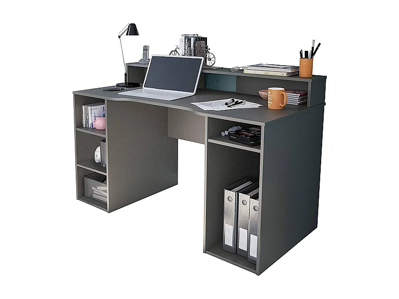 Phoenix bureau, Modern multifunctioneel gamingbureau, Studeertafel voor pc en CD-houder, Studeertafel met planken, 136x67h88 cm, Antraciet