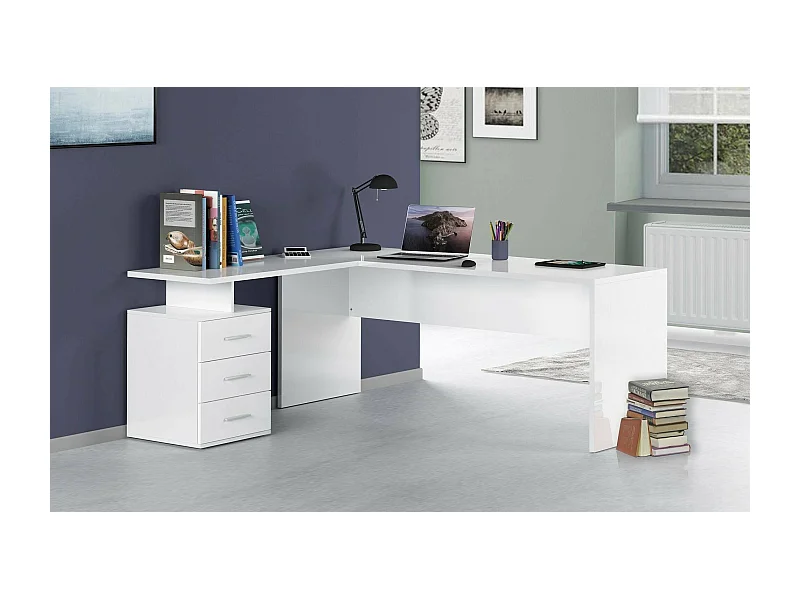Mark bureau, PC-hoekbureau, Multifunctionele kantoortafel, Ruimtebesparend bureau met meerdere posities, 100% Made in Italy, 160x60h75 cm, Glanzend wit