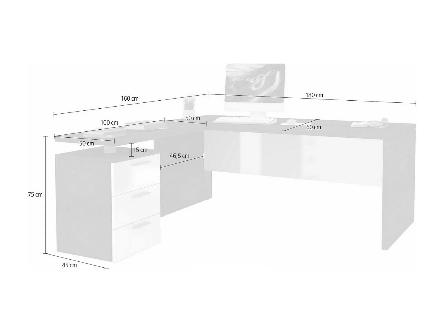 Bureau Mark, Bureau d'angle PC, Table de bureau polyvalente, Bureau gain de place multi-positions, 100% Made in Italy, 160x60h75 cm, Blanc brillant