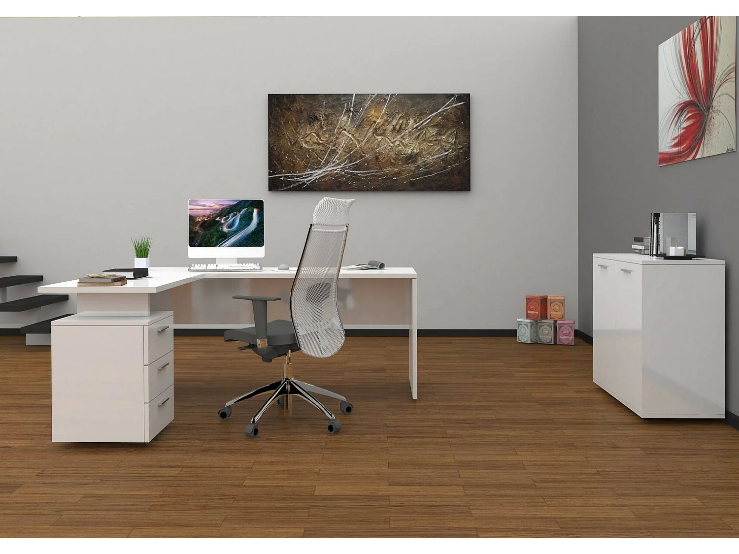 Bureau Mark, Bureau d'angle PC, Table de bureau polyvalente, Bureau gain de place multi-positions, 100% Made in Italy, 160x60h75 cm, Blanc brillant