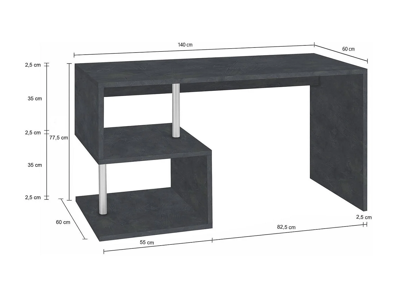Valerio bureau, Lineair pc-bureau, Multifunctionele kantoortafel, Ruimtebesparend bureau met meerdere posities, 100% gemaakt in Italië, 140x60h78 cm, Leisteen